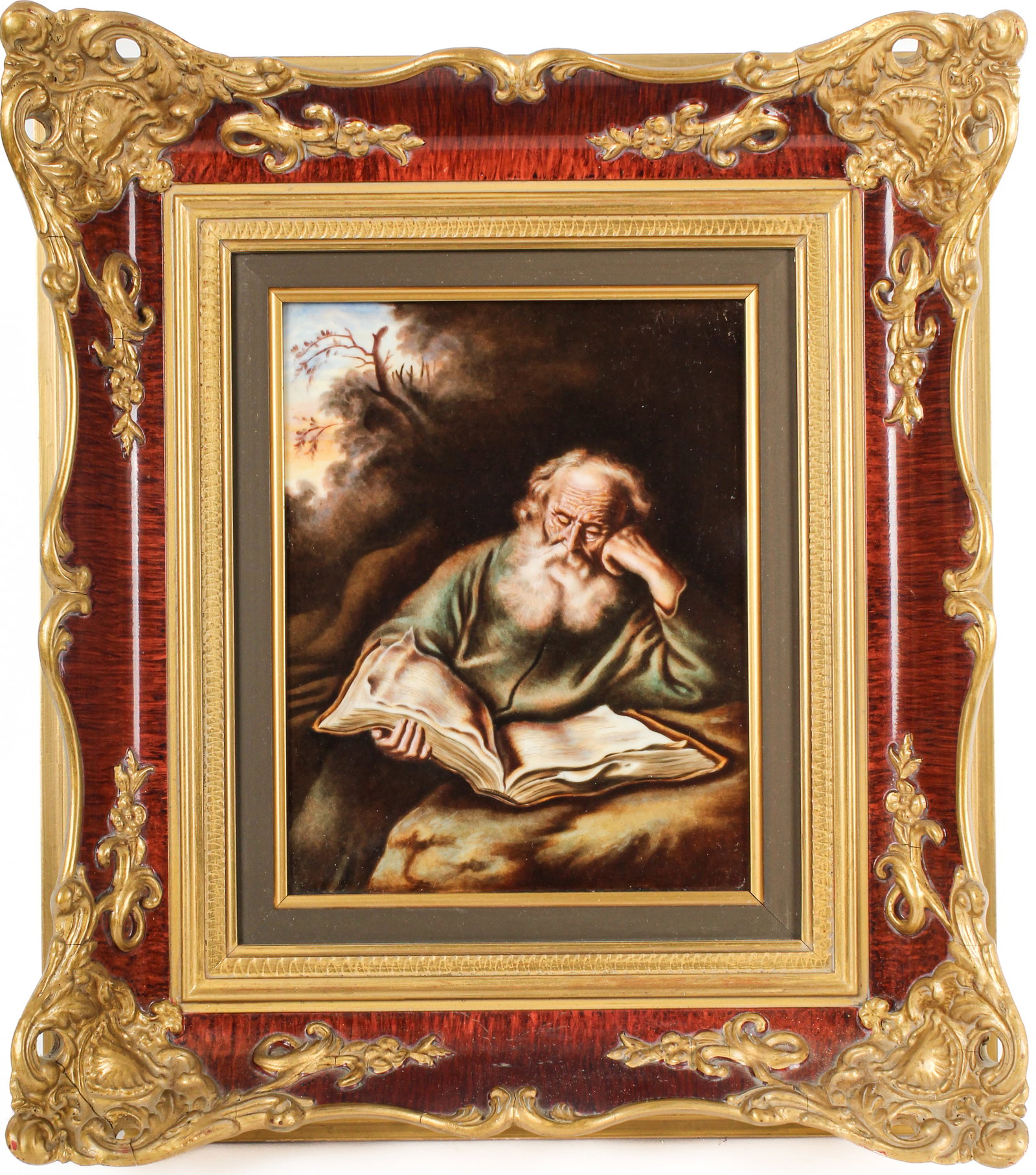 Rosenthal Porcelain Portrait Plaque After Salomon Koninck, Einsiedler (The Hermit): Description: A partially hand painted porcelain portrait plaque depicting St. Jerome, after the painting by Salomon Koninck, housed in a grain painted & giltl gesso frame. Markings & Inscriptions: Mar
