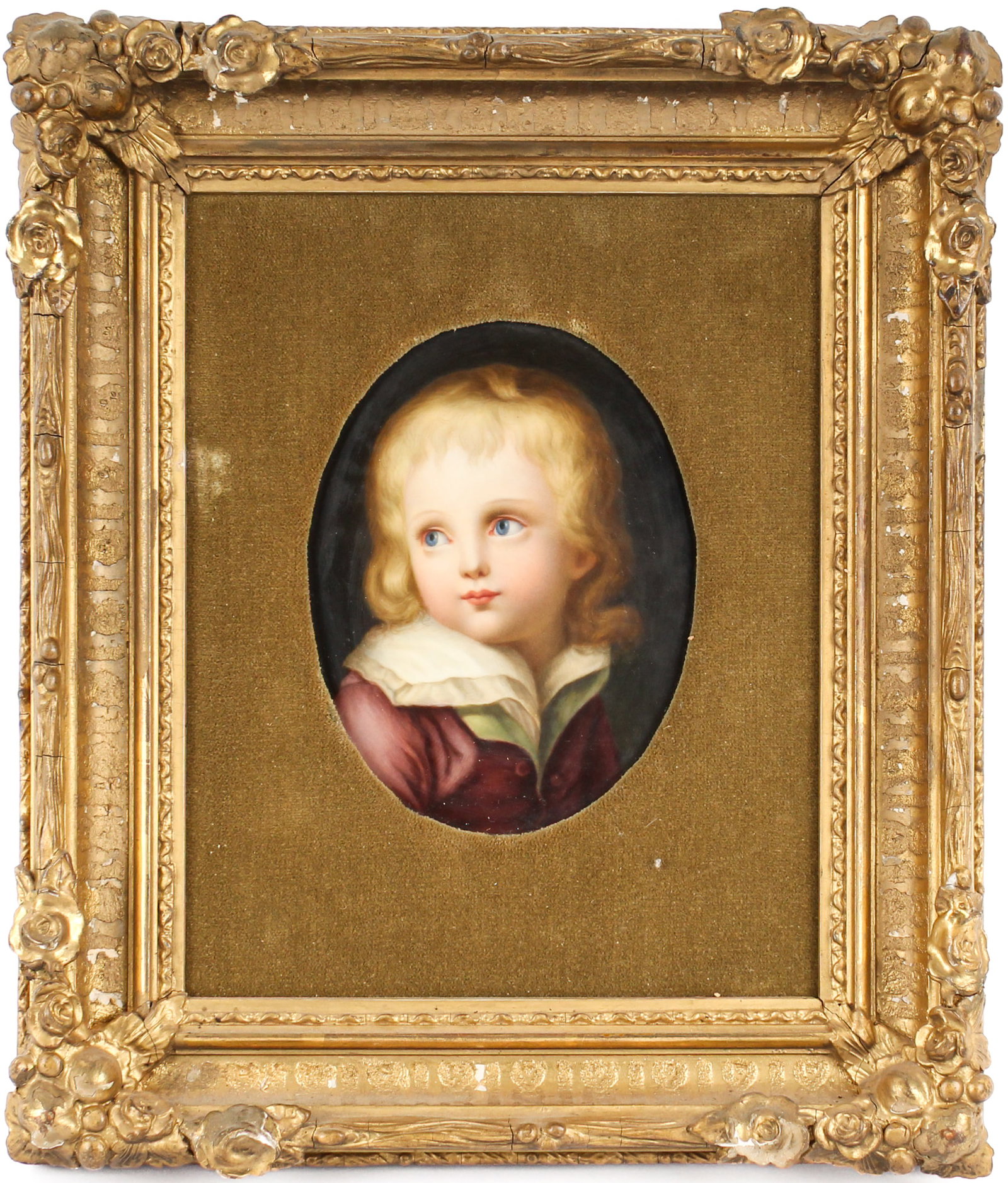 Berlin Porcelain Portrait Plaque of a Young Boy, After Christian Leberecht Vogel: Description: A Berlin porcelain plaque featuring a hand painted depiction of a young boy, after the painting "The Artist's Sons" by Christian Leberecht Vogel. Markings & Inscriptions: Impressed mark D