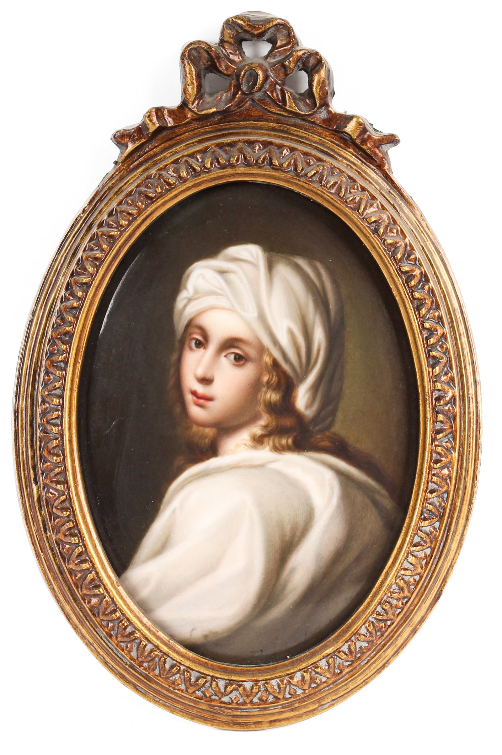KPM Porcelain Portrait Plaque of Beatrice Cenci, After Guido Reni: Description: A KPM porcelain portrait plque featuring a hand painted depiction of Beatrice Cenci, after the painting by Guido Reni. Markings & Inscriptions: Impressed mark Date: Late 19th century Make