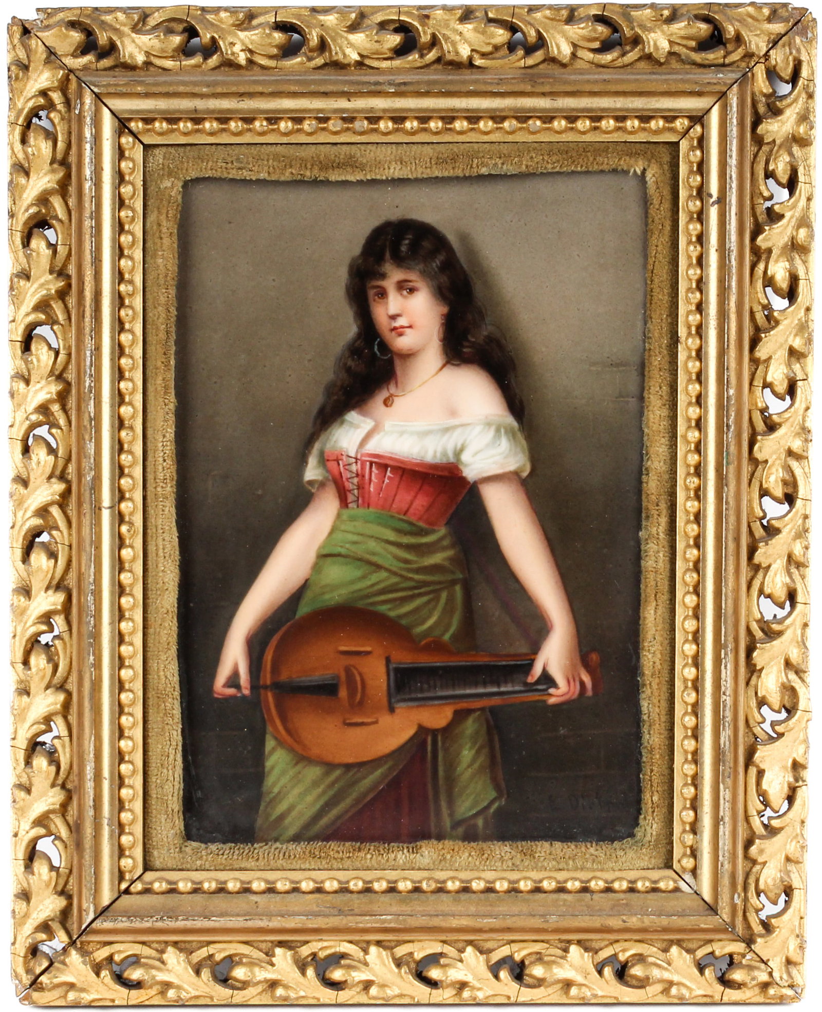Berlin Porcelain Portrait Plaque After Nathaniel Sichel, Gypsy Woman: Description: A Berlin porcelain plaque featuring a hand painted depiction of a gypsy woman holding a stringed instrument, after a painting by Nathaniel Sichel. Housed in an antique pierced gilt gesso 
