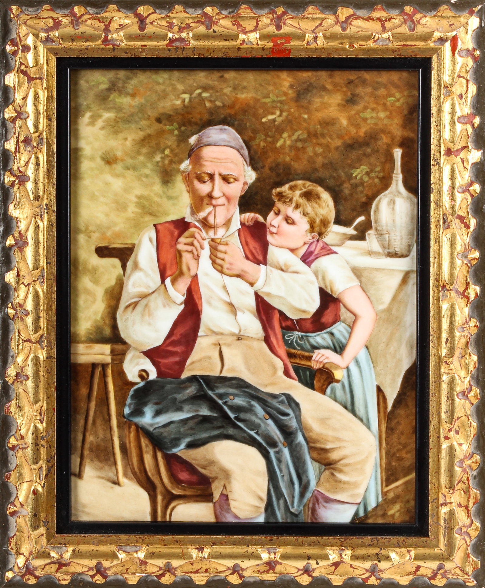Royal Vienna Style Porcelain Plaque, Lighting Tobacco Pipe, After Luigi Bechi: Description: A hand painted porcelain plaque decorated with an Italian genre scene of a man lighting a pipe, accompanied by a young girl. After a painting by Luigi Bechi. Markings & Inscriptions: Sign