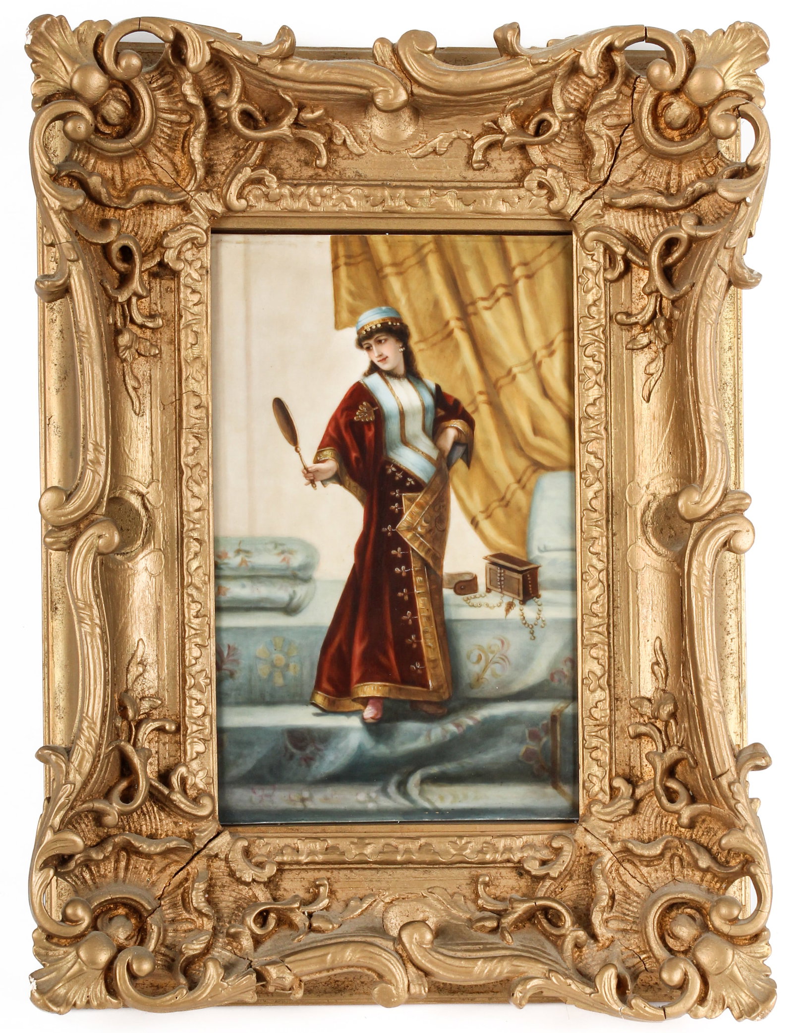 KPM Porcelain Plaque, Orientalist Woman, After Gustav Richter: Description: An Orientalist style hand painted KPM porcelain plaque featuring a depiction of a young woman looking at herself in a mirror. Inscribed verso "Lora(?) la Mauresque after Richter) Markings