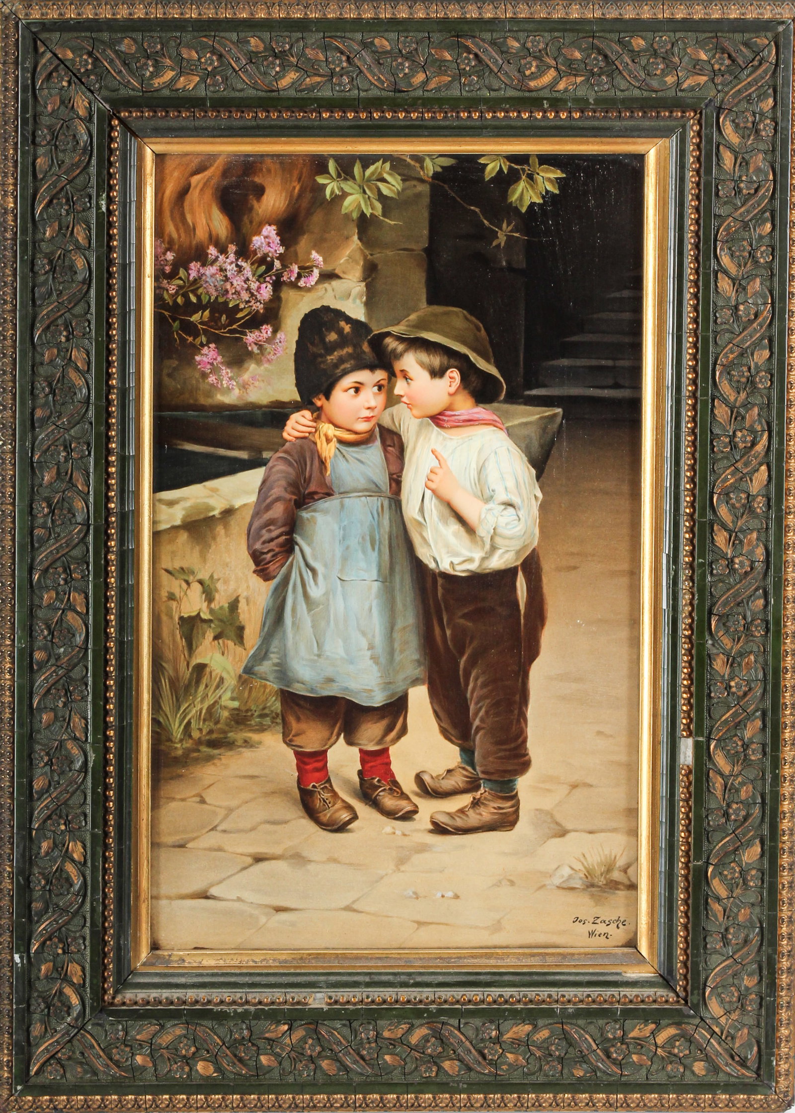Josef Zasche Austrian Hand Painted Porcelain Plaque, Two Boys, Ein Wichtiges Geheimnis: Description: A Vienna porcelain plaque featuring a hand painted despiction of two young boys in a courtyard. Titled "Ein Wichtiges Geheimnis," or "An Important Secret." Markings & Inscriptions: Signed