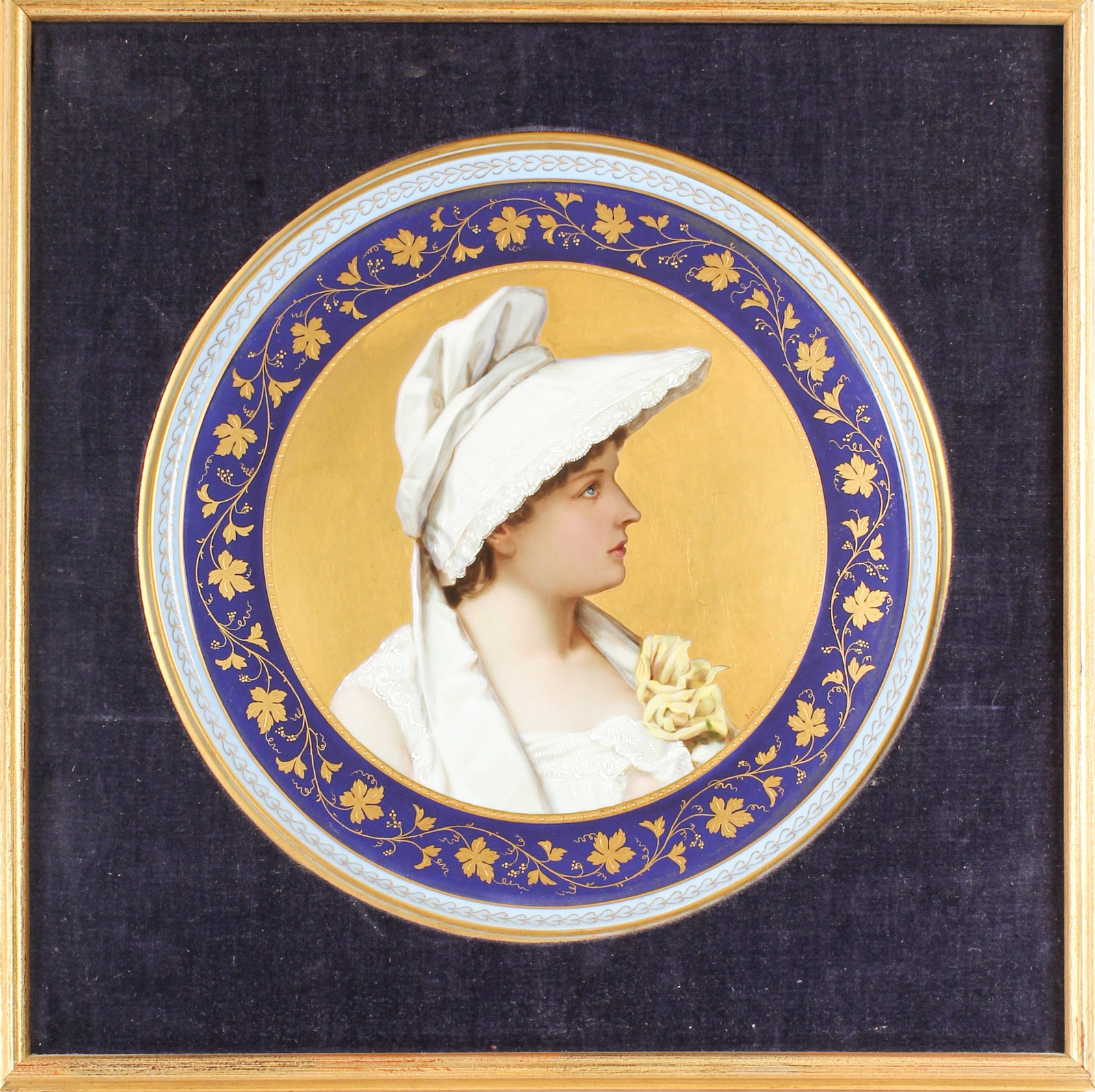 Royal Vienna Style Hand Painted Porcelain Portrat Plate, Signed Sibl: Description: A hand painted and gilt porcelain portrat dish featuring a depiction of a young woman. Markings & Inscriptions: Signed "Sibl" recto, marked with apocryphal beehive mark verso Date: Late 1