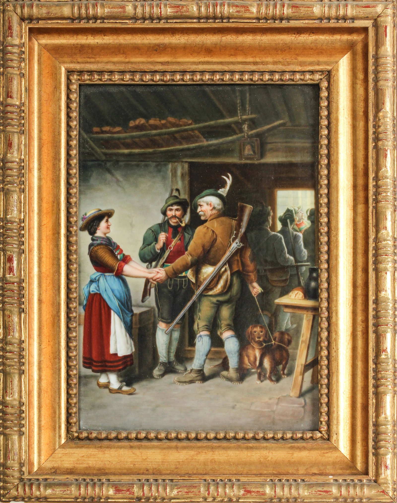 Antique Berlin Porcelain Plaque, The Hunter's Fairwell, After Franz Von Defregger: Description: An antique hand painted Berlin porcelain plaque featuring a depiction of a group of hunters in an interior, after a painting by Franz Von Defregger titled The Hunter's Fairwell. Markings 