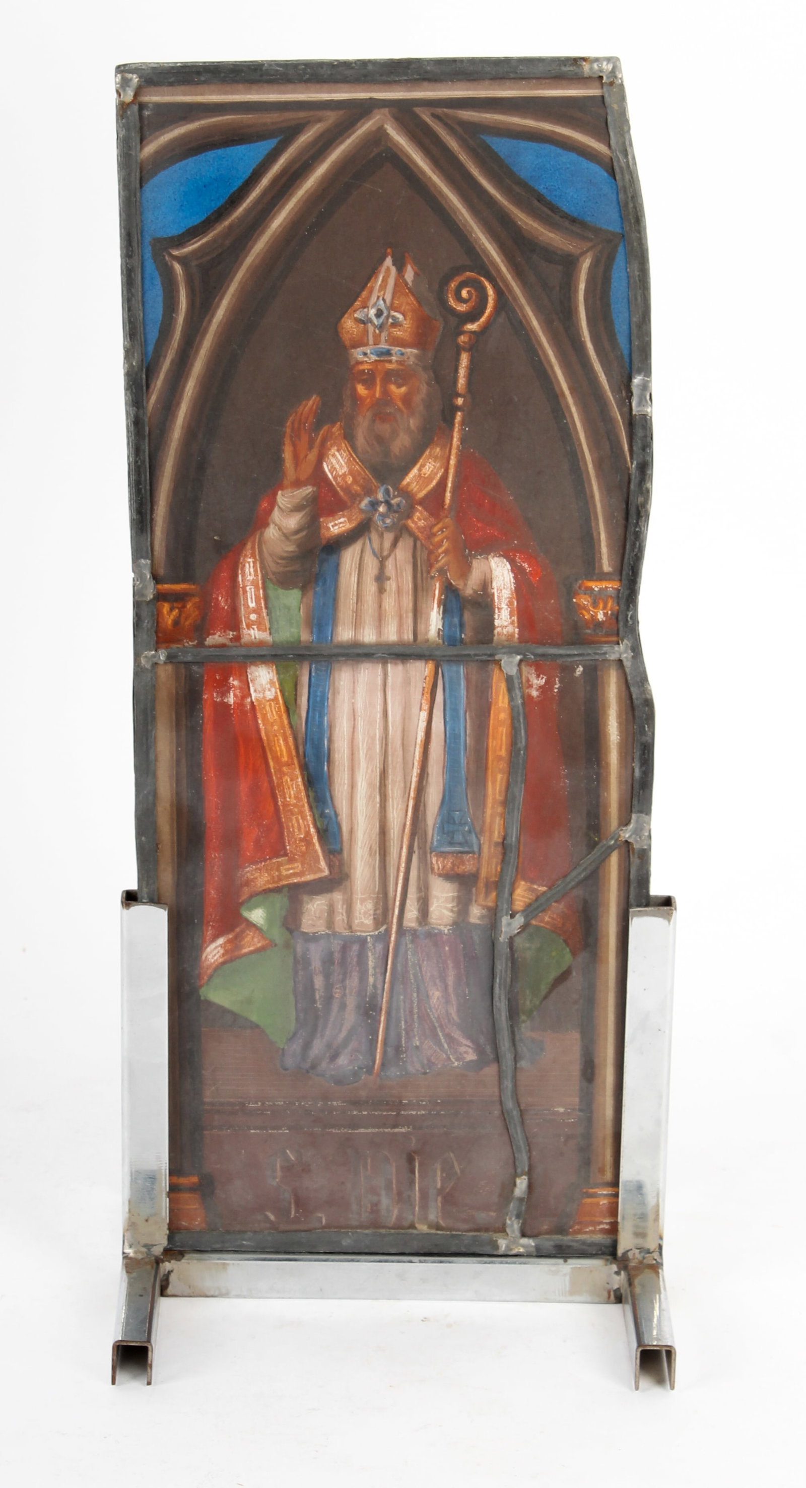 19th Century Leaded and Painted Stained Glass Panel: Description: A 19th century leaded and painted stained glass window panel with depiction of a saint or bishop, mounted in a chrome stand. Markings & Inscriptions: Unmarked Date: 19th century Maker: Co