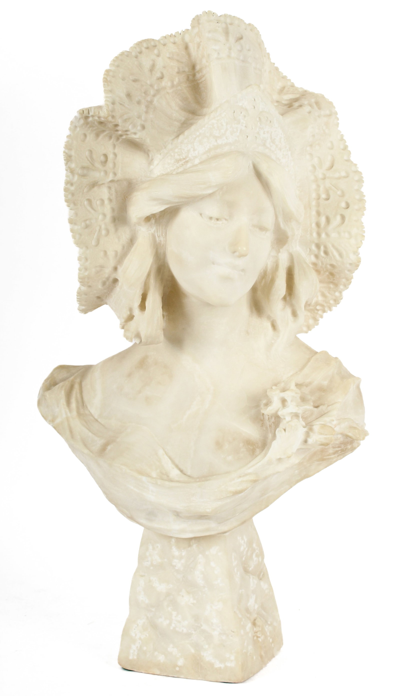 Italian Alabaster Bust of a Young Woman: Description: An elaborate alabaster sculptural bust of a young woman. Markings & Inscriptions: Unsigned Date: Early 20th century Maker: Italian Dimensions: 22.5" x 12" x 6.5" Provenance: From a Yardle