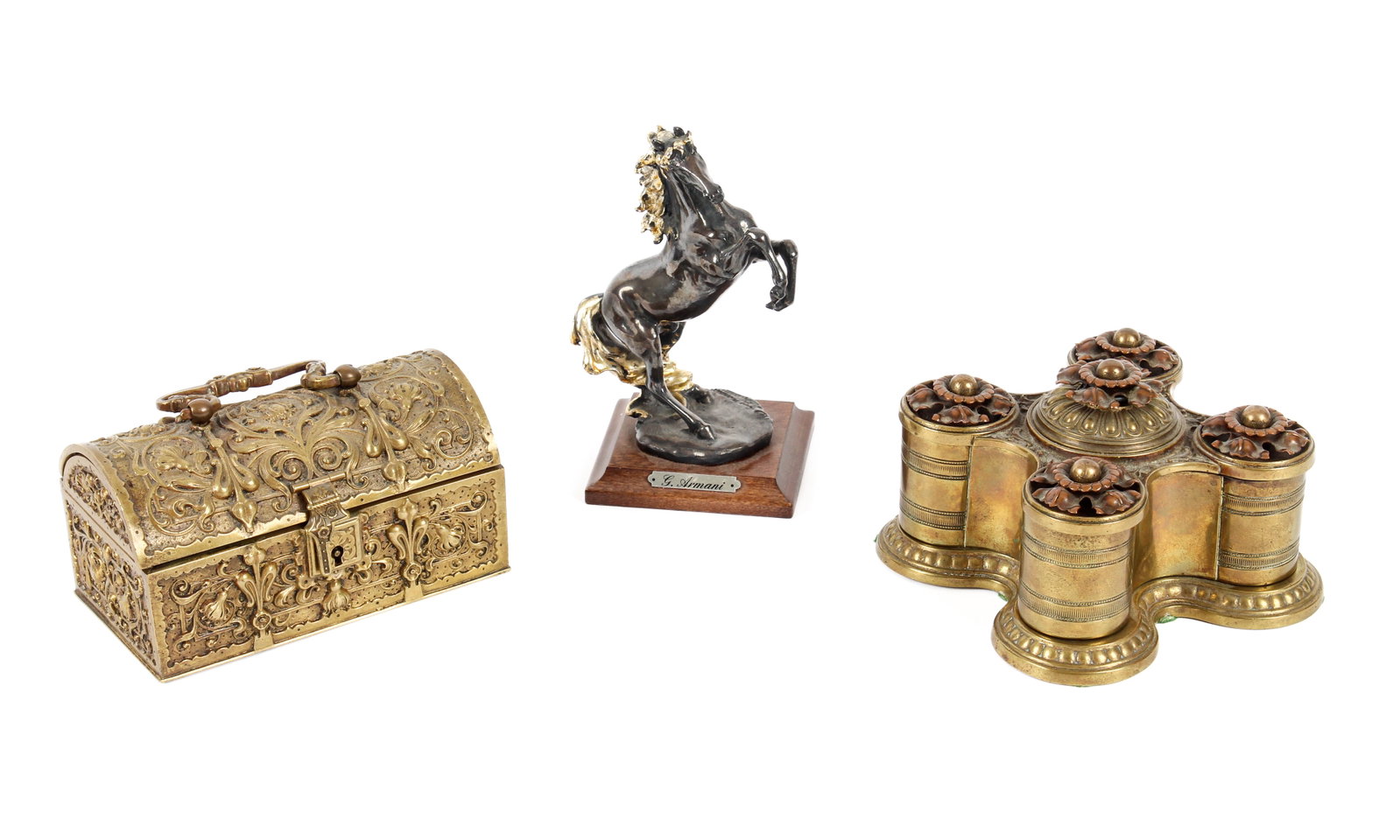 Group of Decorative Items Incl. Art Nouveau Bronze Casket: Description: Group of decorative items including an English brass table article with a twist-rotating top and base, possibly a condiment cruet or spice box, a gilt bronze highly cast jewelry casket wi