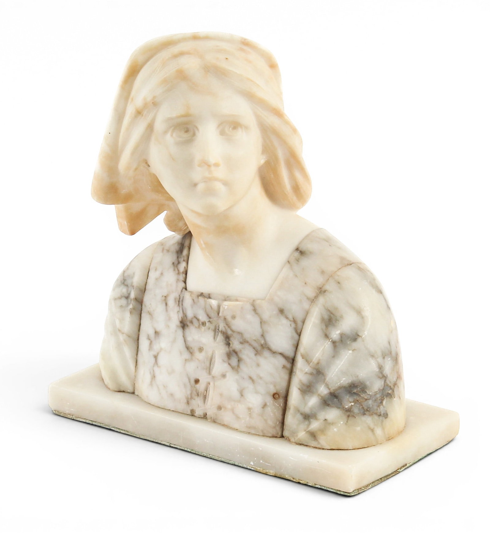 Italian Marble & Alabaster Sculpture, Joan of Arc, After Giuseppe Bessi: Description: A marble and alabaster sculptural bust of Joan of Arc. Markings & Inscriptions: Unmarked Date: Late 19th century Maker:After Giuseppe Bessi (Italian, 1857-1922) Dimensions: 10.5" x 9.25" 