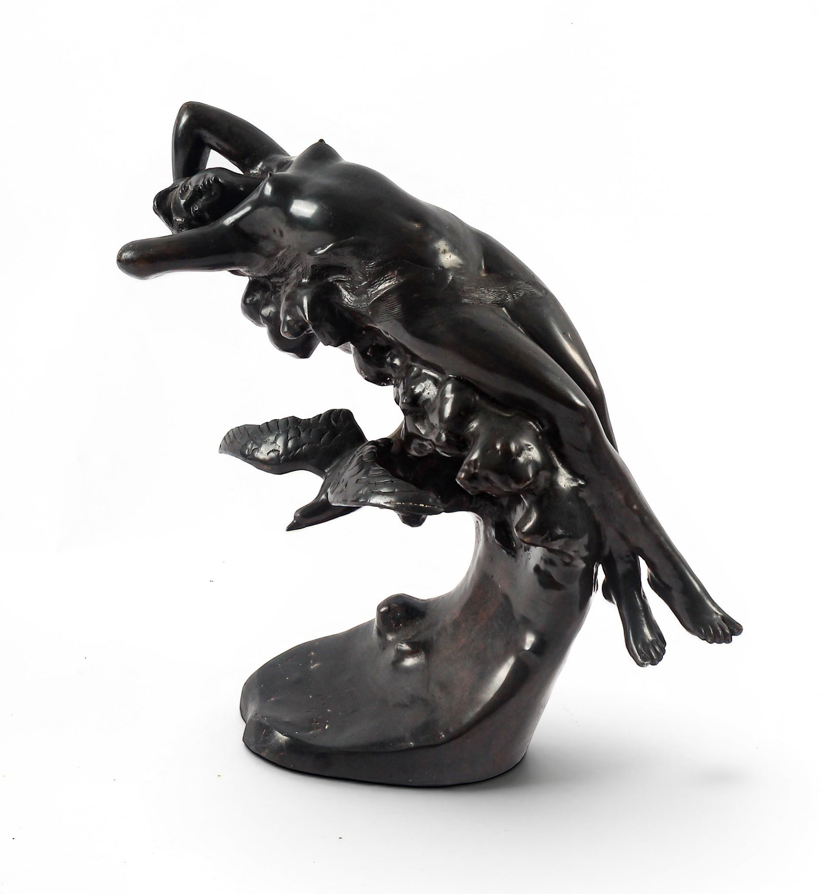 After Eduardo Rossi, Bronze Female Nude Sculpture: Description: A large bronze sculpture of a reclining nude female, likely a sea nymph, atop the crest of a wave. Markings & Inscriptions: Signed in the cast Date: 20th century Maker: After Eduardo Ross