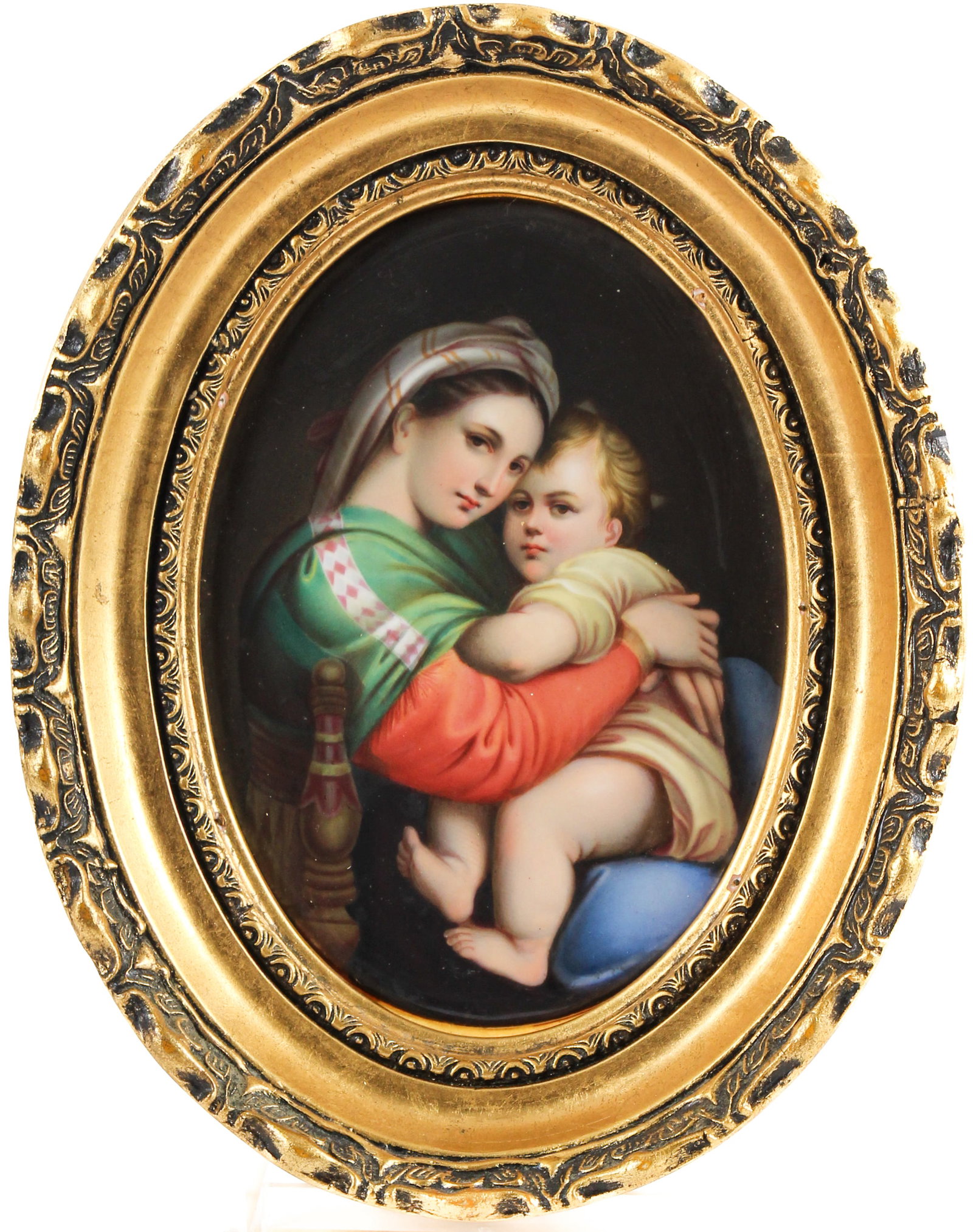 Berlin Porcelain Plaque, Madonna and Child, After Raphael: Description: A hand painted porcelain portrait plaque after Raphael, depicting the Madonna and child. Markings & Inscriptions: Marked Date: Late 19th century Maker: German Dimensions: 6.5" x 5", 9.25"