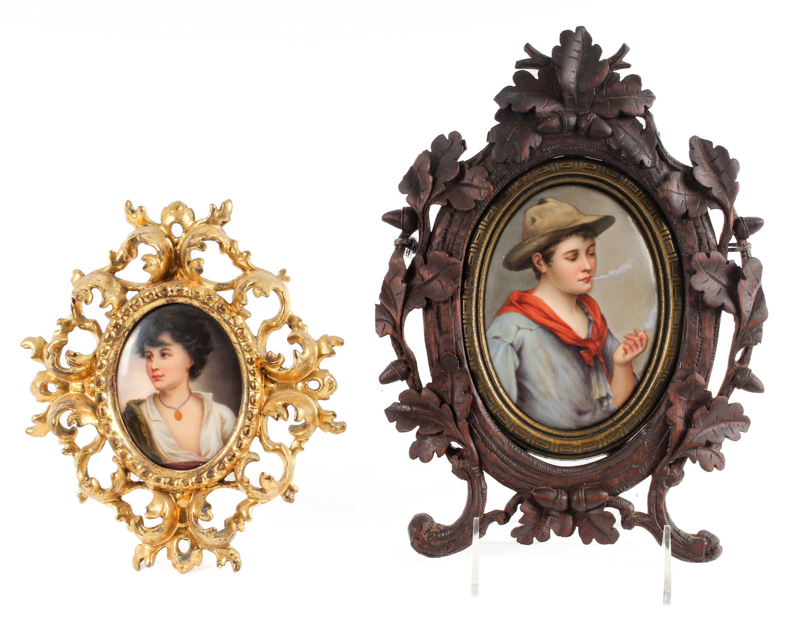 Two Hand Painted Berlin Porcelain Portrait Plaques, The Neapolitan and The Piccolo: Description: Two hand-painted porcelain portrait plaques. The first, of a young fisher boy after Gustav Richter's 'The Neapolitan'. In an elaborately carved giltwood frame. The second, after 'The Picc