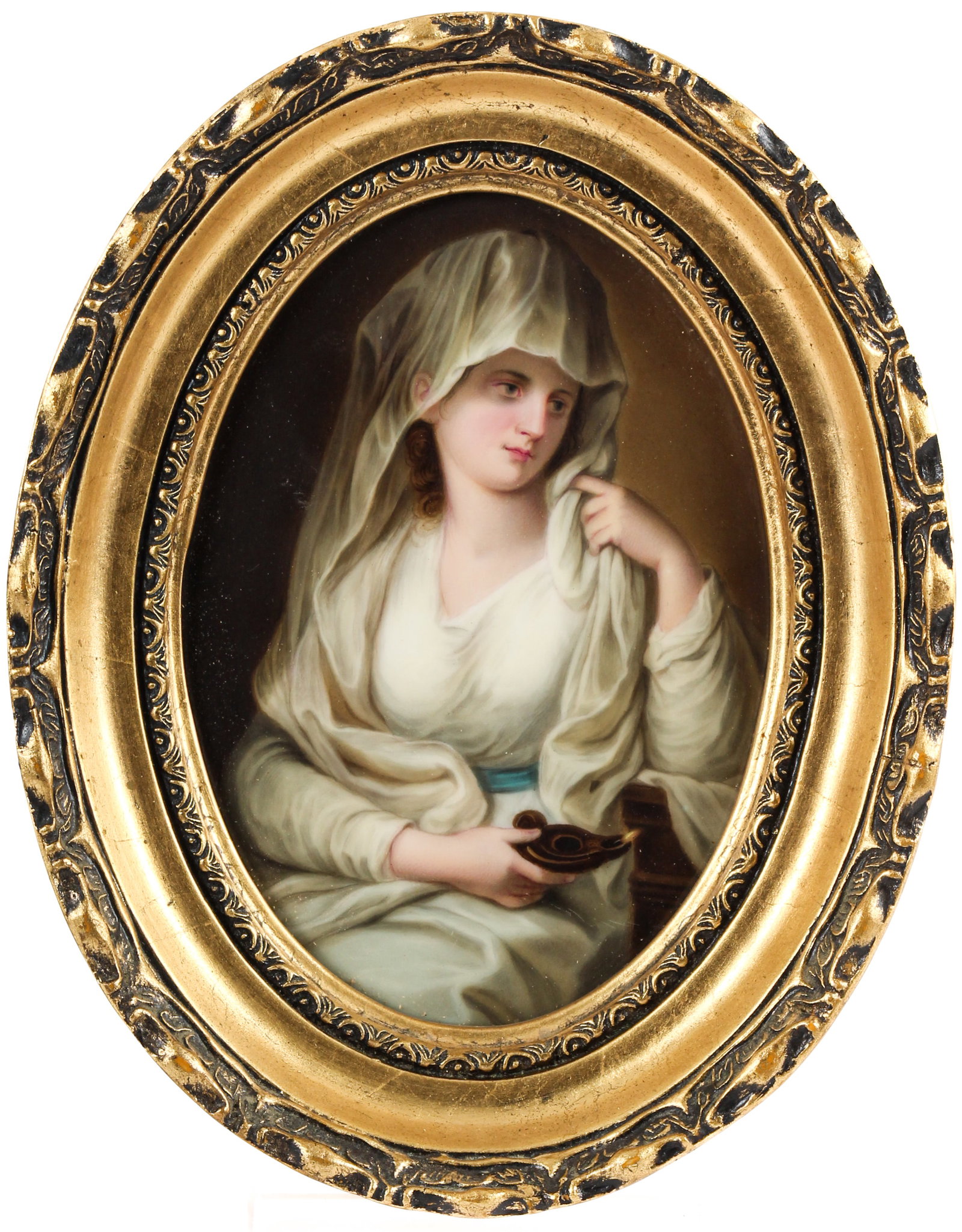 19th Century Porcelain Portrait Plaque After Angelica Kauffman, "The Vestal Virgin": Description: Hand-painted porcelain portrait plaque after "The Vestal Virgin" depicting a woman holding a small genie style lamp. Markings & Inscriptions: Impressed K over 1 verso Date: 19th century M