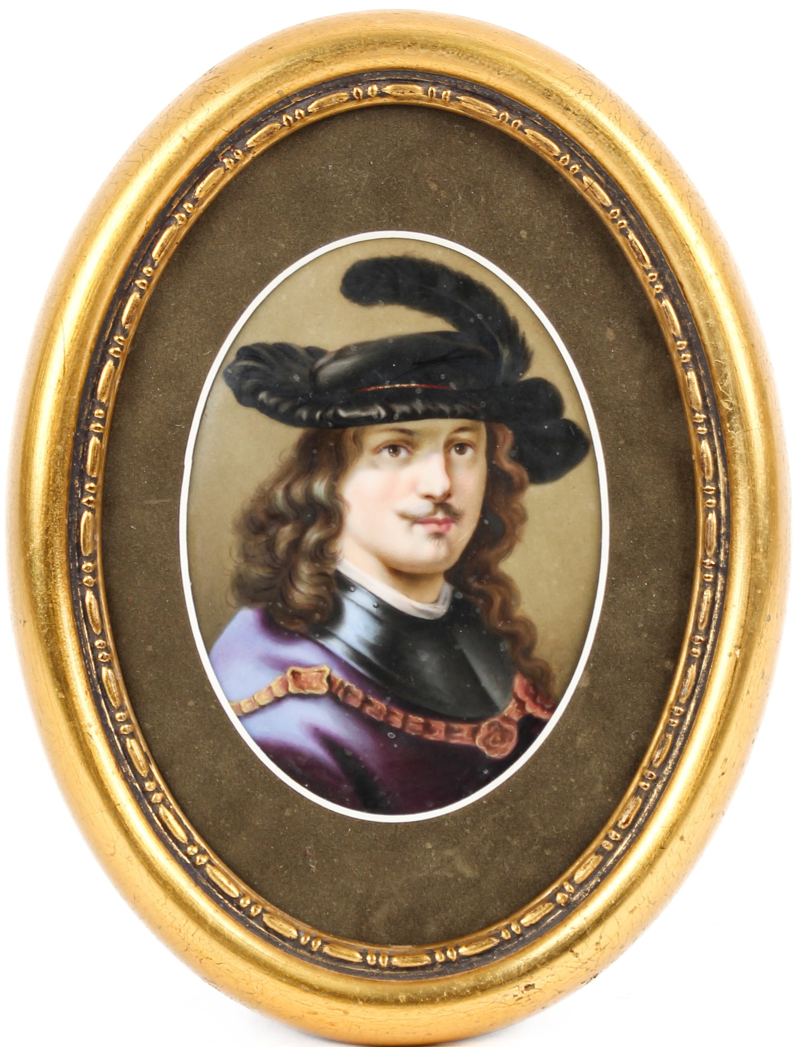 Berlin Porcelain Portrait Plaque of a Cavalier: Description: A hand painted porcelain plaque featuring a depiction of a cavalier. Markings & Inscriptions: Unmarked Date: Late 19th century Maker: German Dimensions: 4.5" x 3.25" (plaque), 8" x 6" (ov