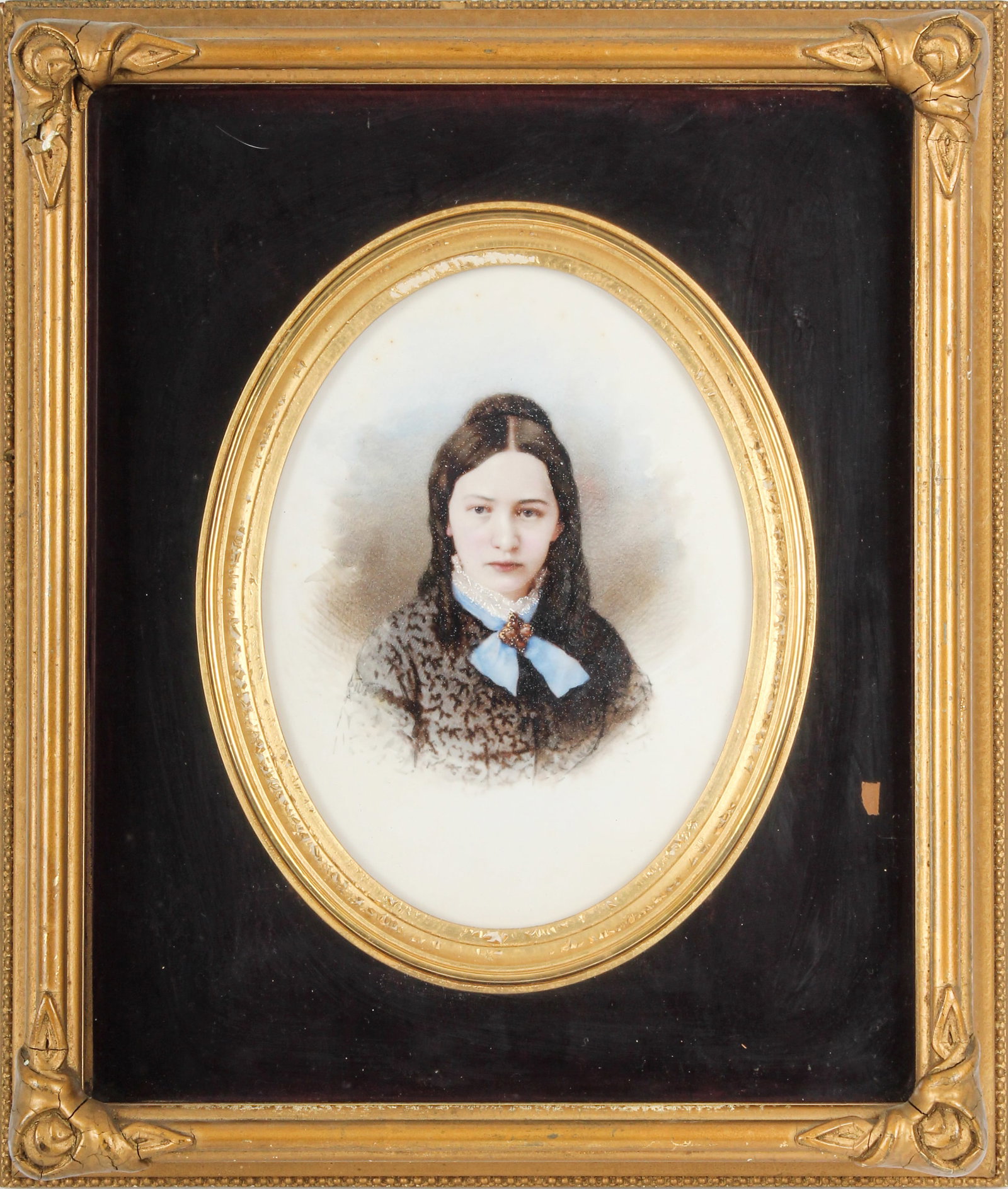 19th Century Porcelain Portrait Plaque of a Young Woman: Description: A porcelain portrait plaque featuring a depiction of a young woman wearing a blue neckerchief. Markings & Inscriptions: Unmarked Date: Mid to late 19th century Maker: Probably French Dime