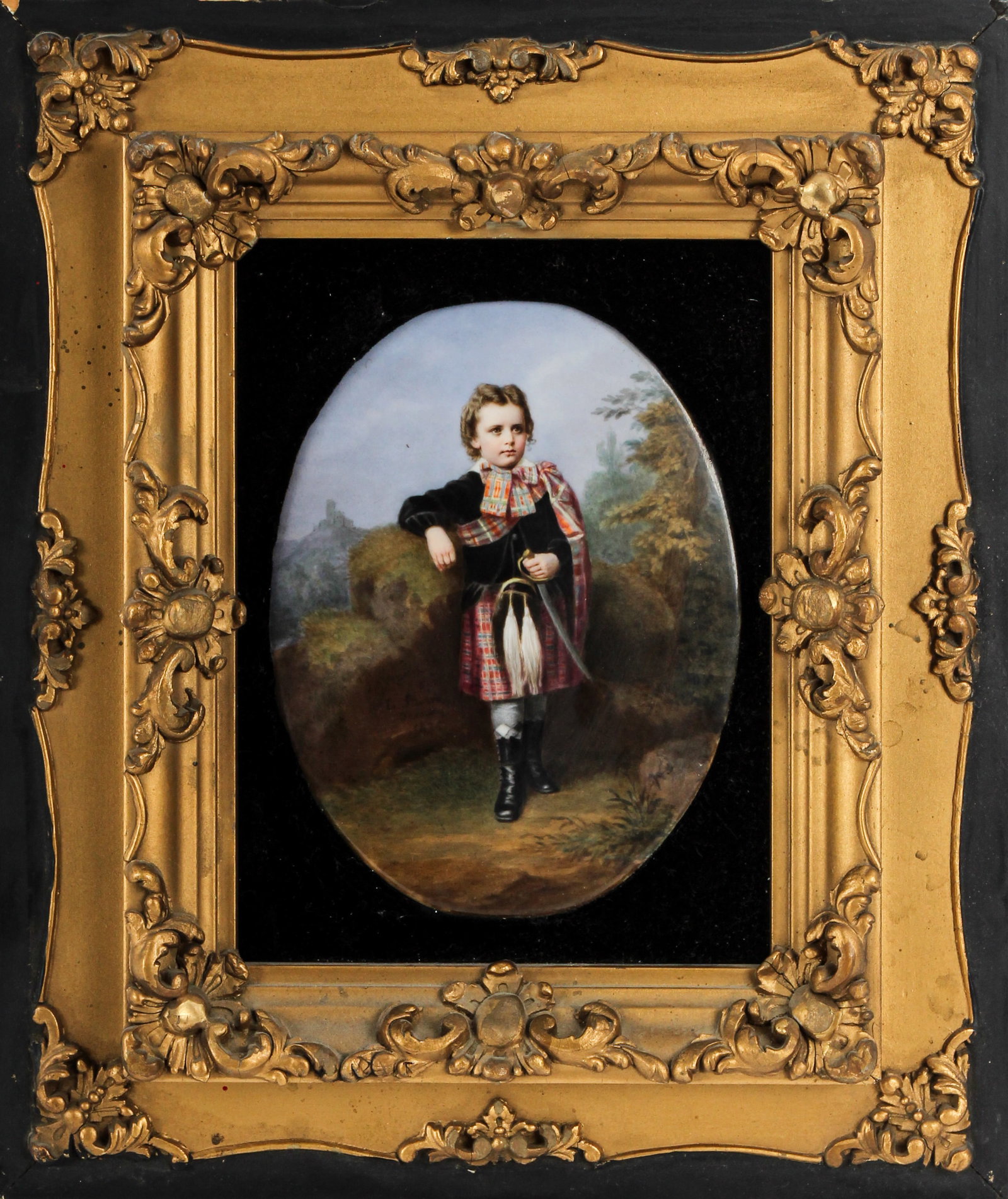 Hand Painted Porcelain Portrait Plaque of a Scottish Boy, Dated 1835: Description: An antique hand painted porcelain portrait plaque depicting a young Scottish boy holding a sword. Markings & Inscriptions: Signed illegibly & dated 1835 Date: 1835 Maker: Continental Dime