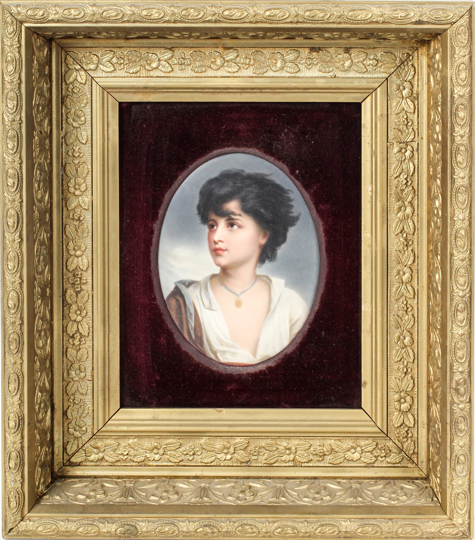 Berlin Portrait Plaque After Gustav Richter, Neapolitan Fisher Boy: Description: A hand painted Berlin porcelain portrait plaque, after the painting "Neapolitan Fisher Boy" by Gustav Richter. Markings & Inscriptions: Impressed mark Date: Late 19th century Maker: Germa