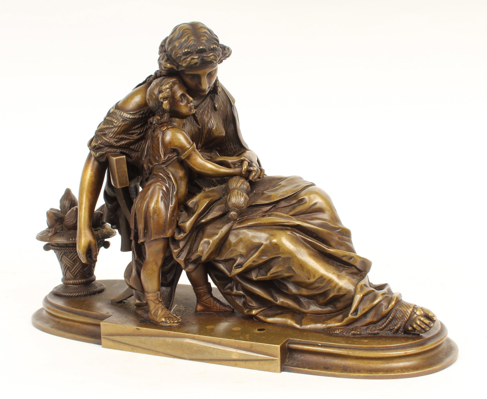 After Jean Jules Bernard Salmson (French, 1823-1902) Bronze Sculpture, Penelope & Telemachus: Description: A bronze sculpture depicting a classicaly dressed woman and her child, probably Penelope and Telemachus. Markings & Inscriptions: Unmarked Date: Mid to late 19th century Maker: After Jean
