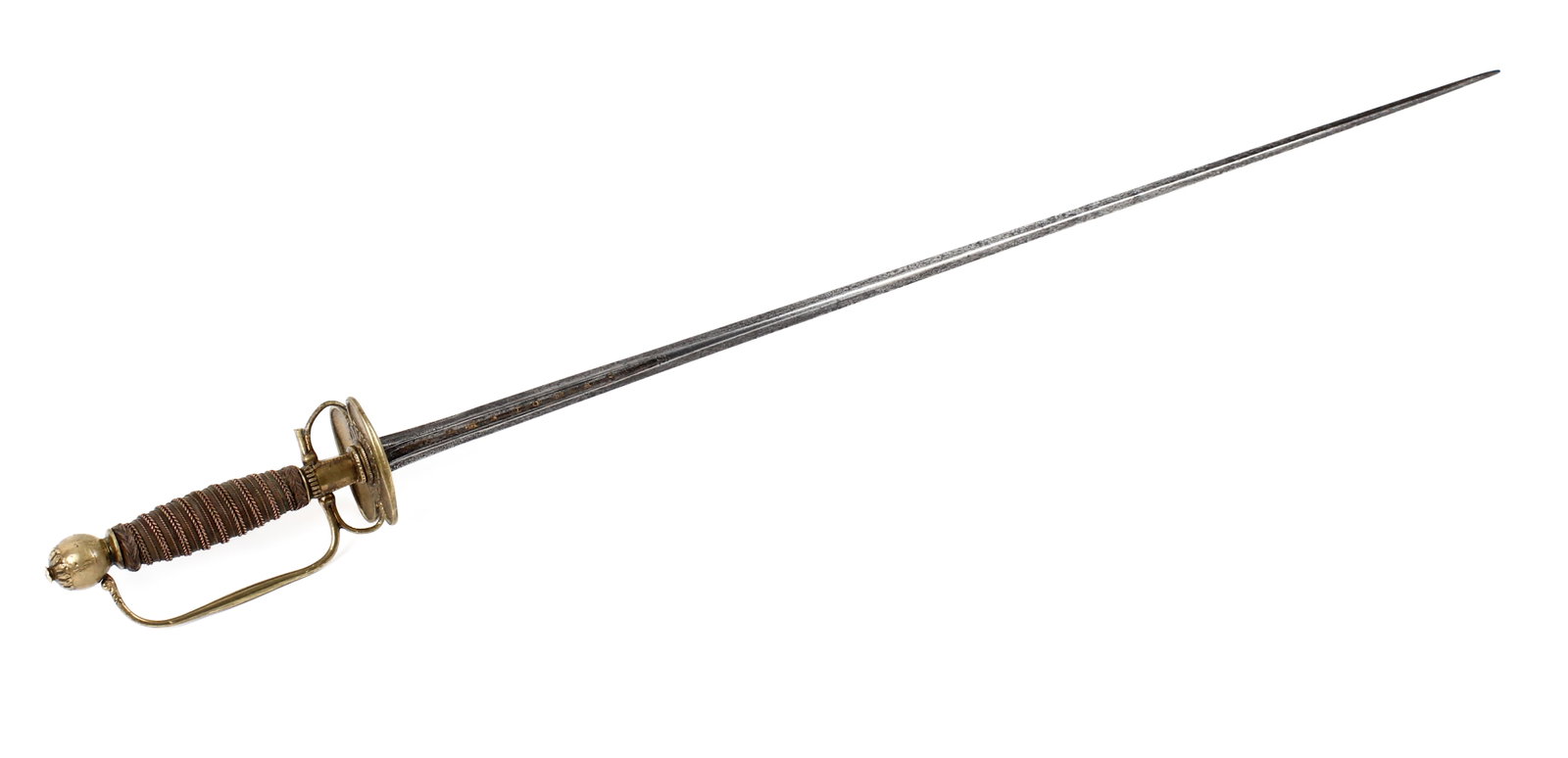 17th-18th Century Continental Transitional Rapier Sword, Tomas de Aiala Marking: Description: An antique transitional rapier sword bearing markings for Tomas Ayala. Constructed of forged iron and cast brass with a wire wrapped wooden handle. Likely a Continental officer's sword wi