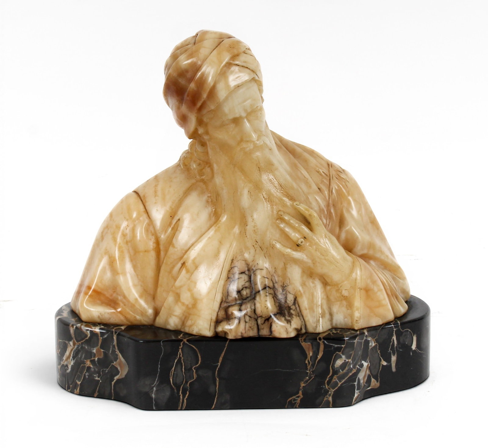 Adolf Ferdinand Walter Jahn (German, 1858-1941) Alabaster Sculpture, Nathan the Wise: Description: An alabaster sculpture depicting Nathan The Wise on a black marble base. Markings & Inscriptions: Signed Date: Early 20th century Maker: Adolf Ferdinand Walter Jahn (German, 1858-1941) Di