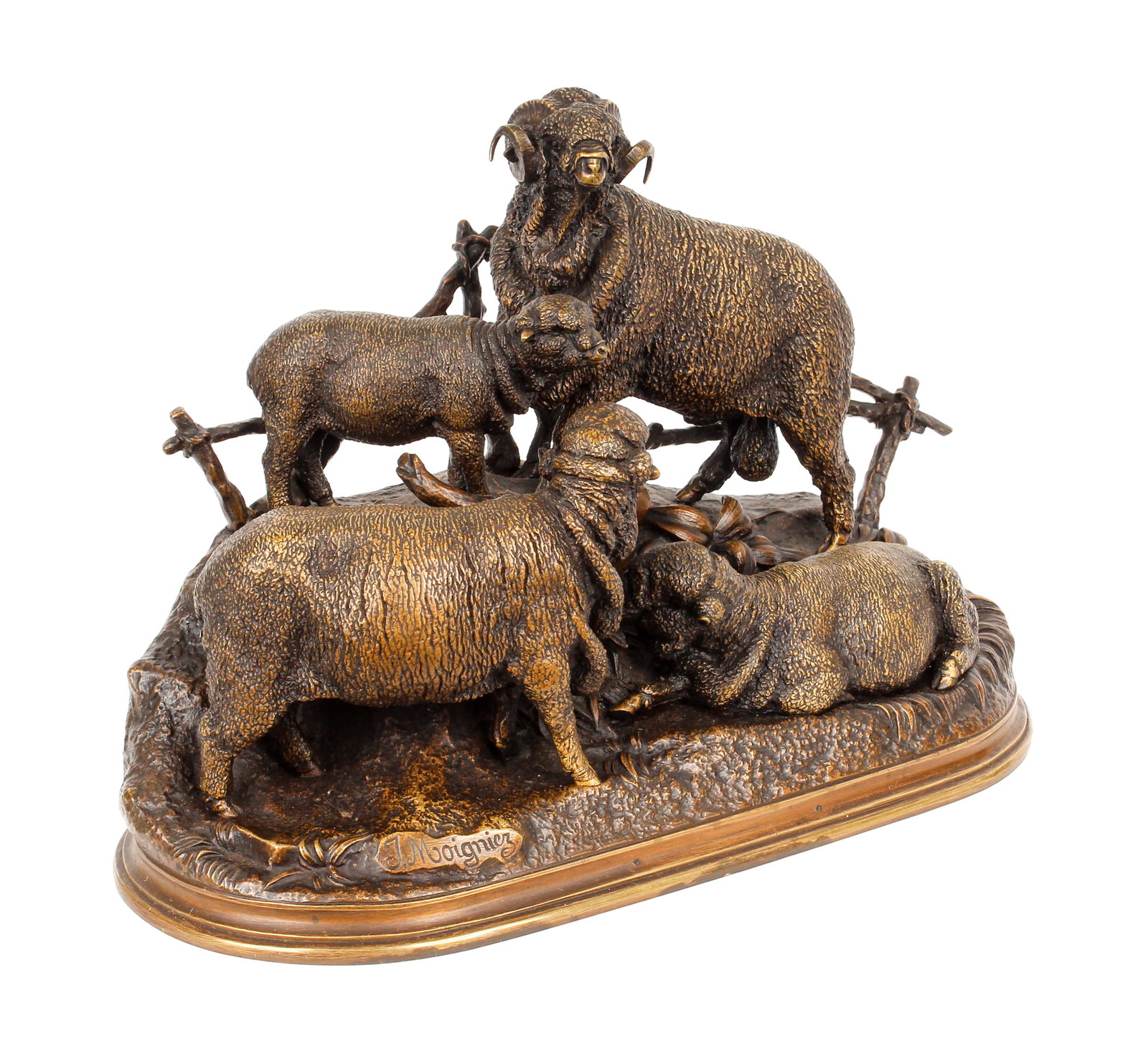 Jules Moigniez (French, 1835-1894) Bronze Sculpture of Sheep: Description: A large bronze sculpture depicting a group of Merino sheep beside a fence. Markings & Inscriptions: Signed in the mold Date: Late 19th century Maker: Jules Moigniez (French, 1835-1894) Di