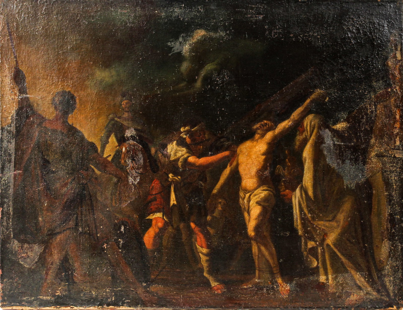 16th-17th Century Italian School Old Master Biblical Scene Painting, Crucifixion Scene: Description: An Old Master painting depicting a biblical scene, likely a crucifixion, with various figures including a Roman soldier. Markings & Inscriptions: Unsigned Date: 16th-17th century Maker: I