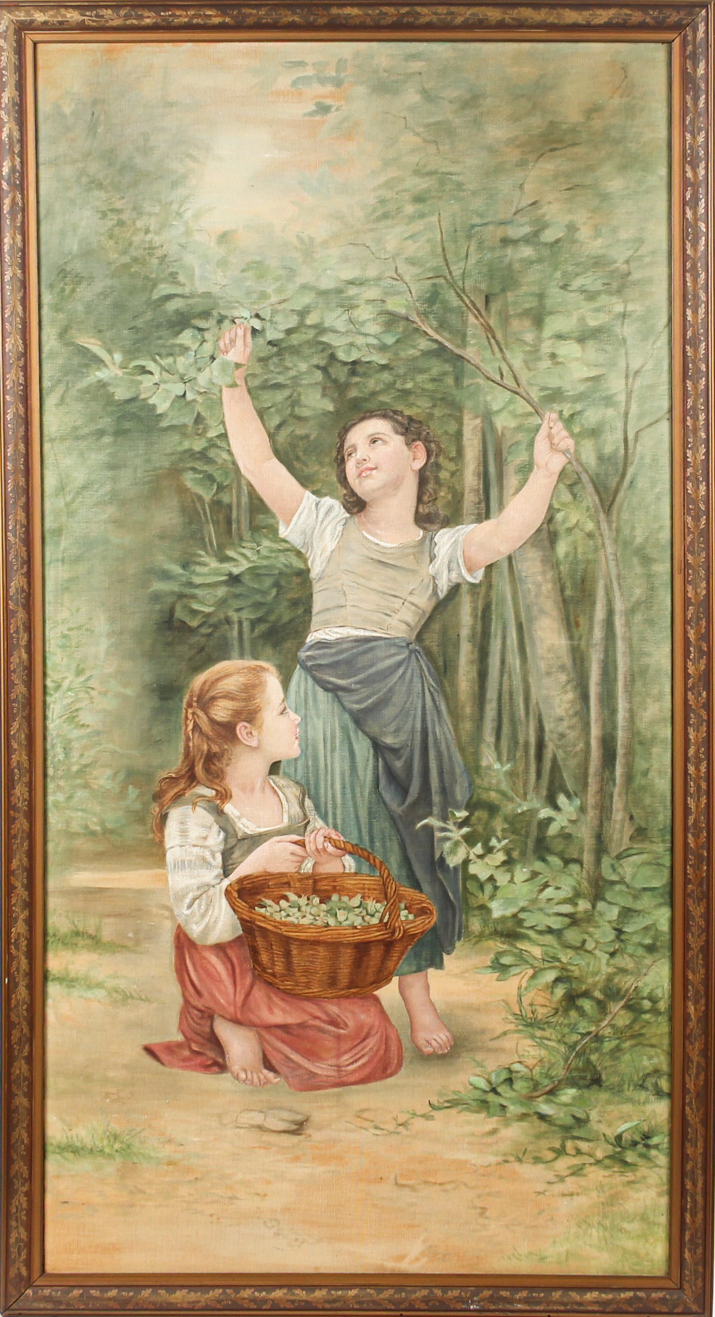 Continental School Genre Scene Painting, Two Girls in a Forest: Description: A large genre scene painting depicting two girls picking leaves in a forest, housed in a frame decorated with an oak leaf motif in low relief. Markings & Inscriptions: Unsigned Date: Earl