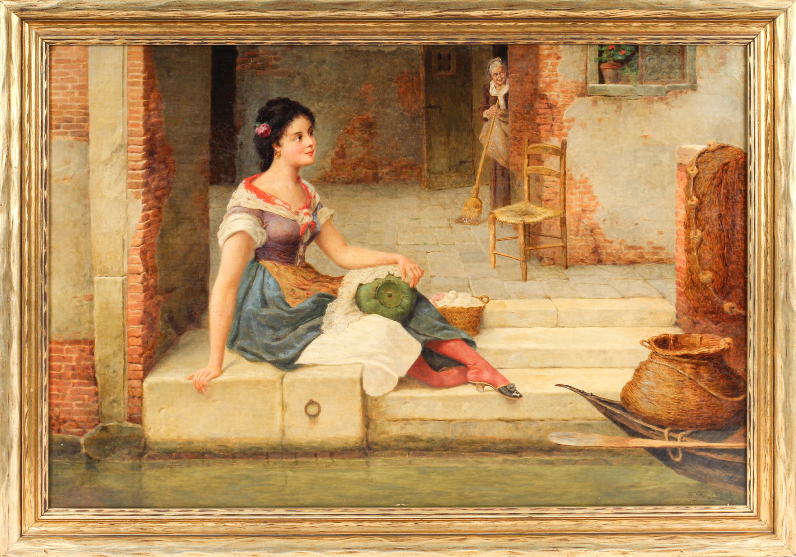 Vincent G. Stiepevich (Russian/American, 1841-1910): Description: A genre scene oil on canvas painting depicting a young woman seated beside a canal, likely in Venice. Markings & Inscriptions: Signed bottom right Date: Late 19th/early 20th century Maker