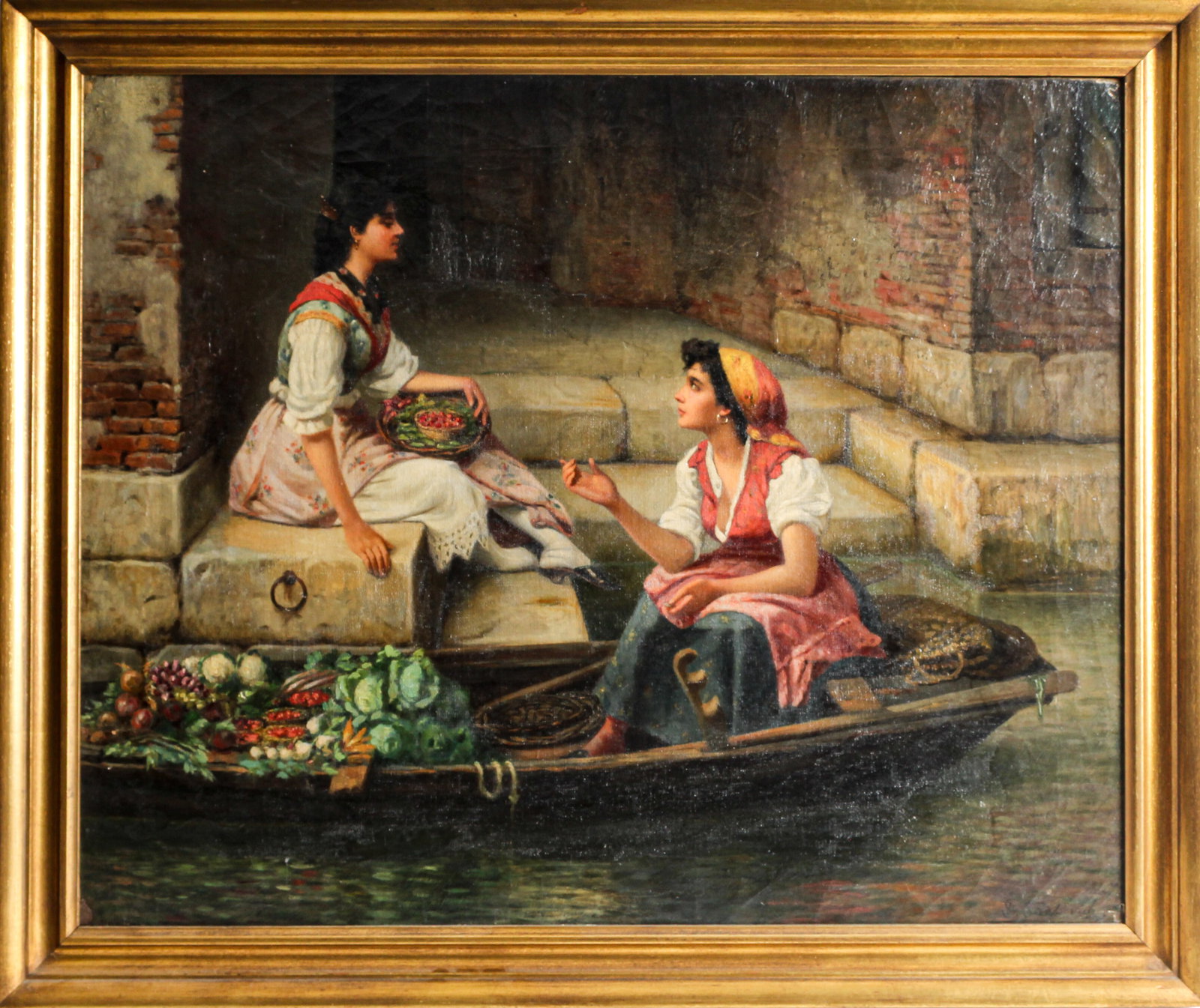 Vincent G. Stiepevich (Russian/American, 1841-1910): Description: A genre scene oil on canvas painting depicting two young women by a canal, one seated inside a boat filled with vegetables, likely in Venice. Markings & Inscriptions: Signed bottom right 