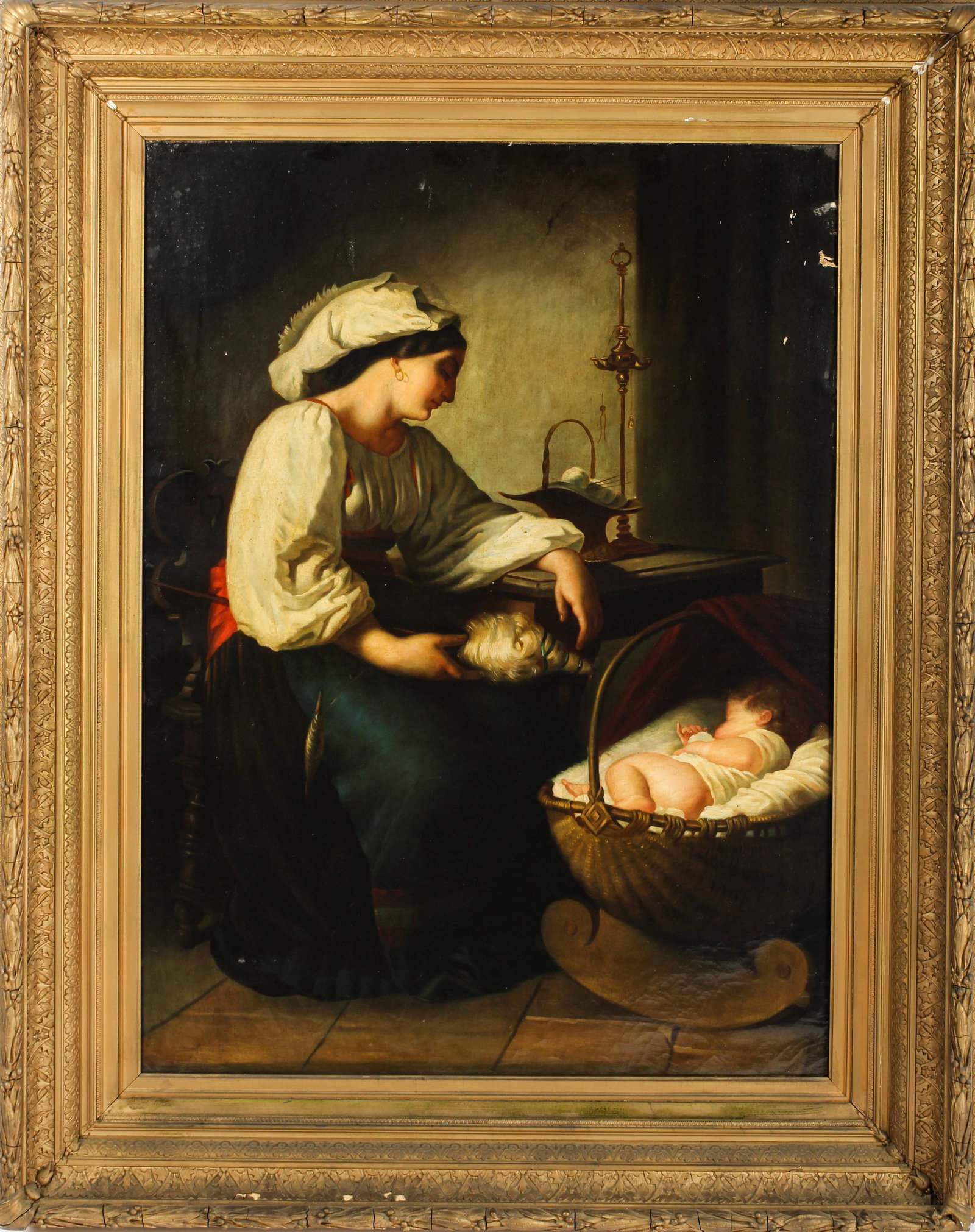 Attributed to Giuseppe Mazzolini (Italian, 1806-1876) Sleeping Child: Description: An oil on canvas painting depicting a young woman, possiby a mother or nurse, seated beside a child, who is asleep in a cradle. Markings & Inscriptions: Unsigned Date: Mid to late 19th ce