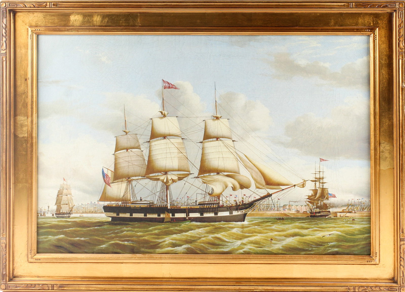 After Duncan McFarlane, Nautical Ship Portrait of the H.H. Boody, Giclee on Canvas: Description: A giclee on canvas portrait of a 19th century ship in Liverpool Harbor, housed in a carved and gilt frame. Markings & Inscriptions: Unmarked Date: Late 20th/early 21st century Maker: Afte
