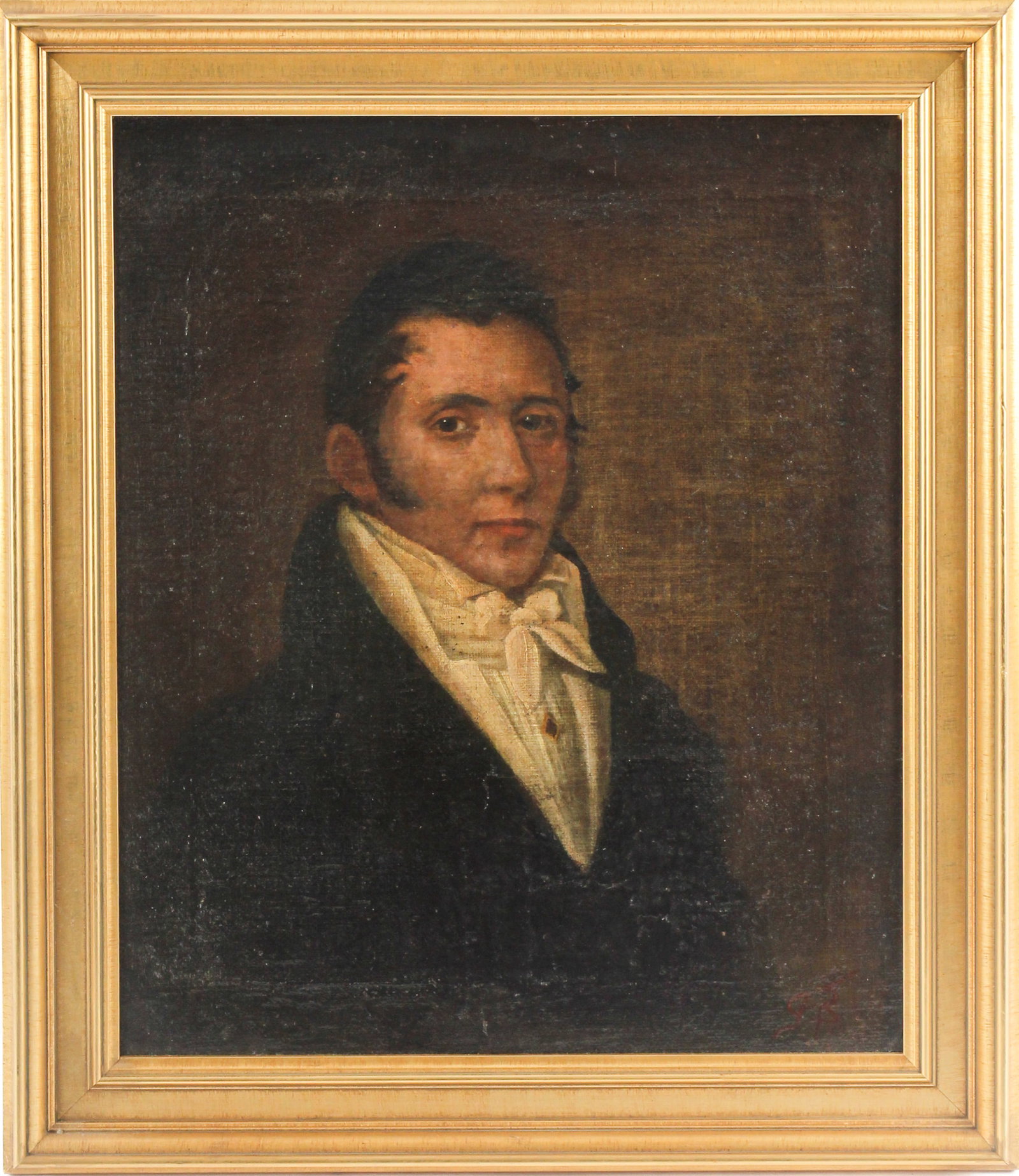 19th Century English School Portrait of a Gentleman: Description: A portrait of a gentleman ca 1840. Markings & Inscriptions: Initialed bottom right Date: Mid 19th century Maker: English Dimensions: 24.5" x 20.5", 30.5" x 26" overall. Provenance: From a
