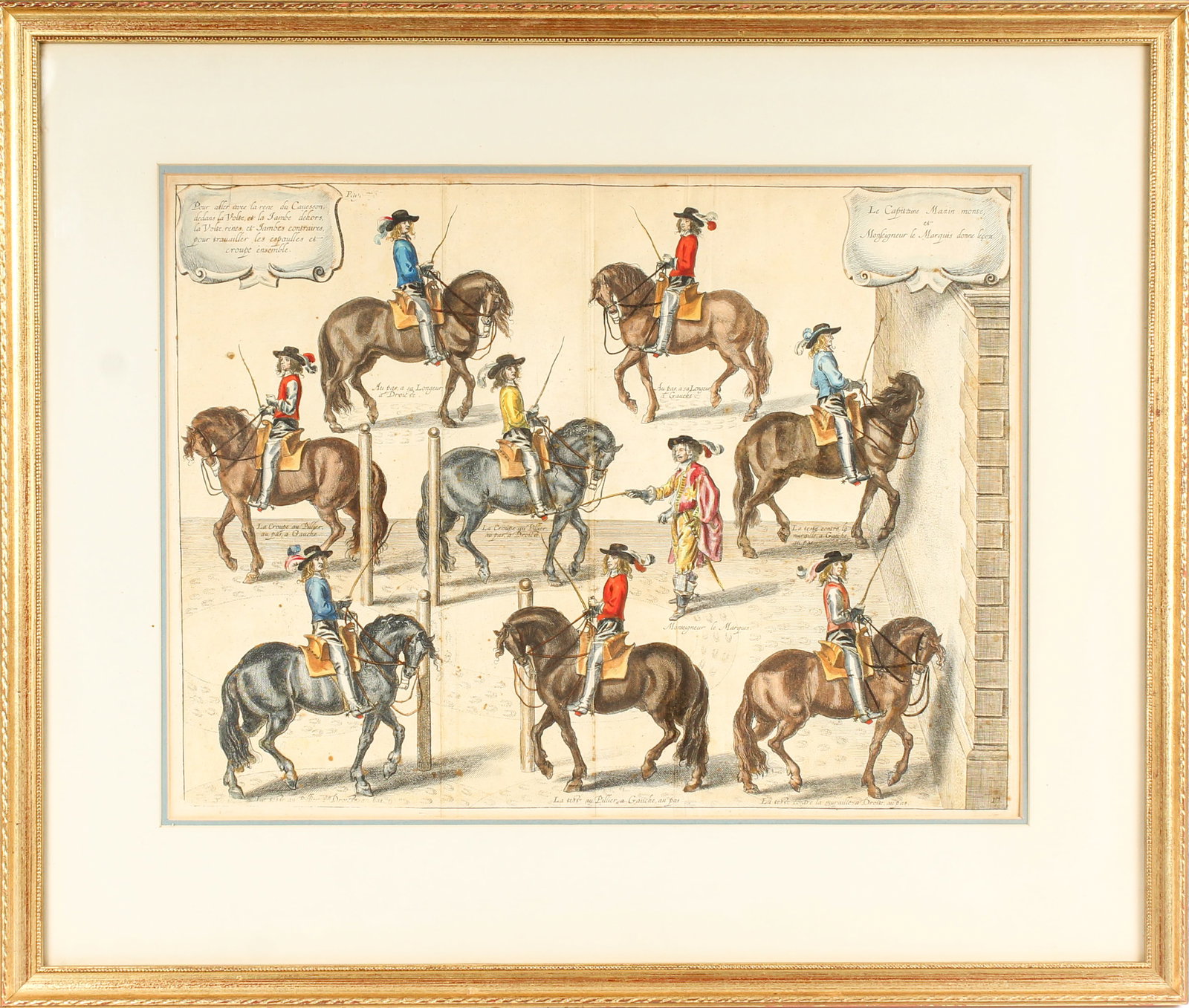 William Cavendish, Duke of Newcastle, Dressage Engraving from A General System of Horsemanship: Description: A hand colored engraving depicting horses and riders practicing dressage. Markings & Inscriptions: Marked in the plate Date: 1743 Maker: William Cavendish, Duke of Newcastle; Gaspard de S