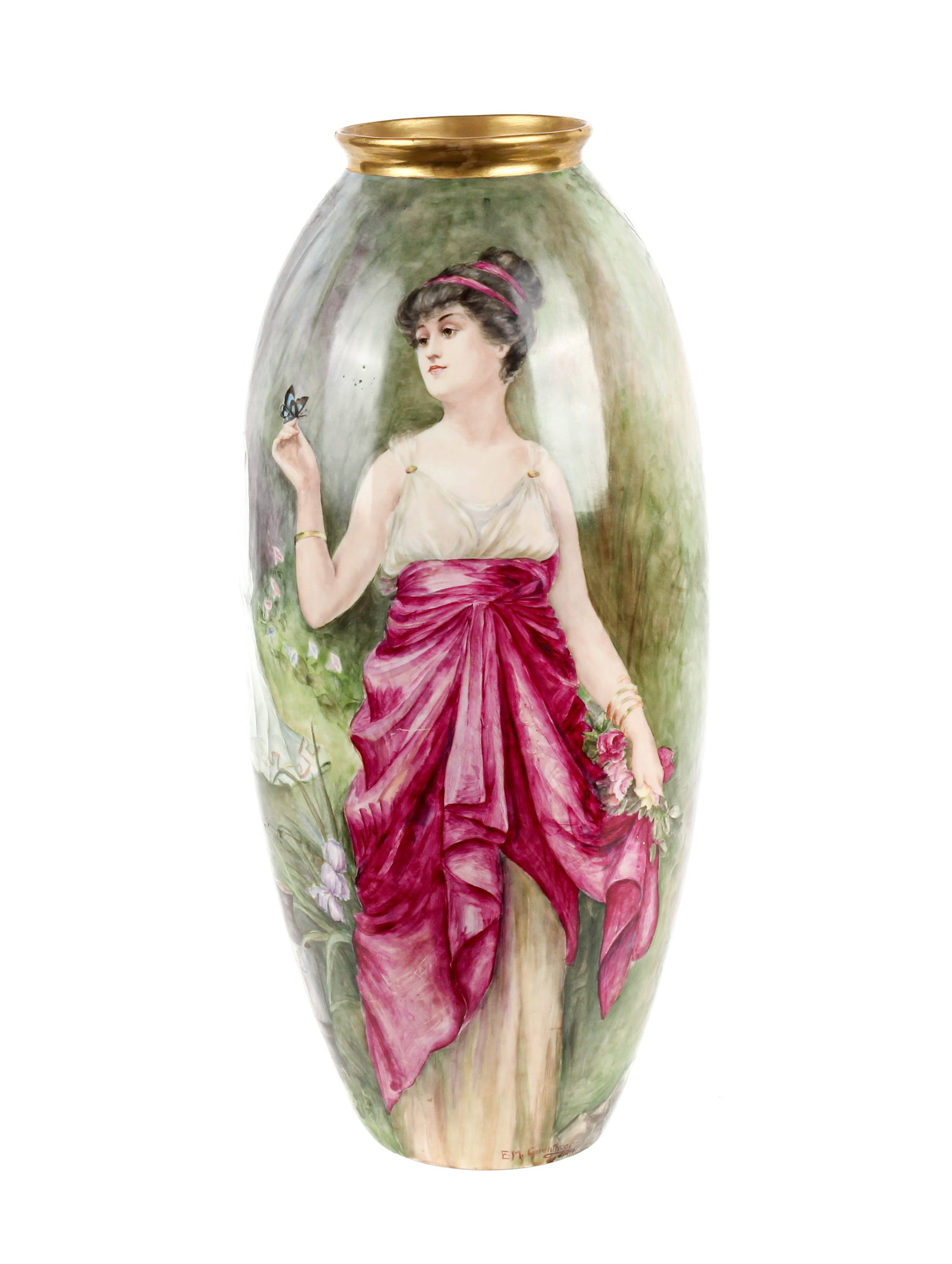 Large Lenox Belleek Porcelain Vase Decorated With Classical Maidens: Description: A large hand painted Lenox Belleek porcelain vase decoated with classical maidens in a naturalistic setting, signed "E.M. Guenthoer.' Markings & Inscriptions: Marked, also signed and date