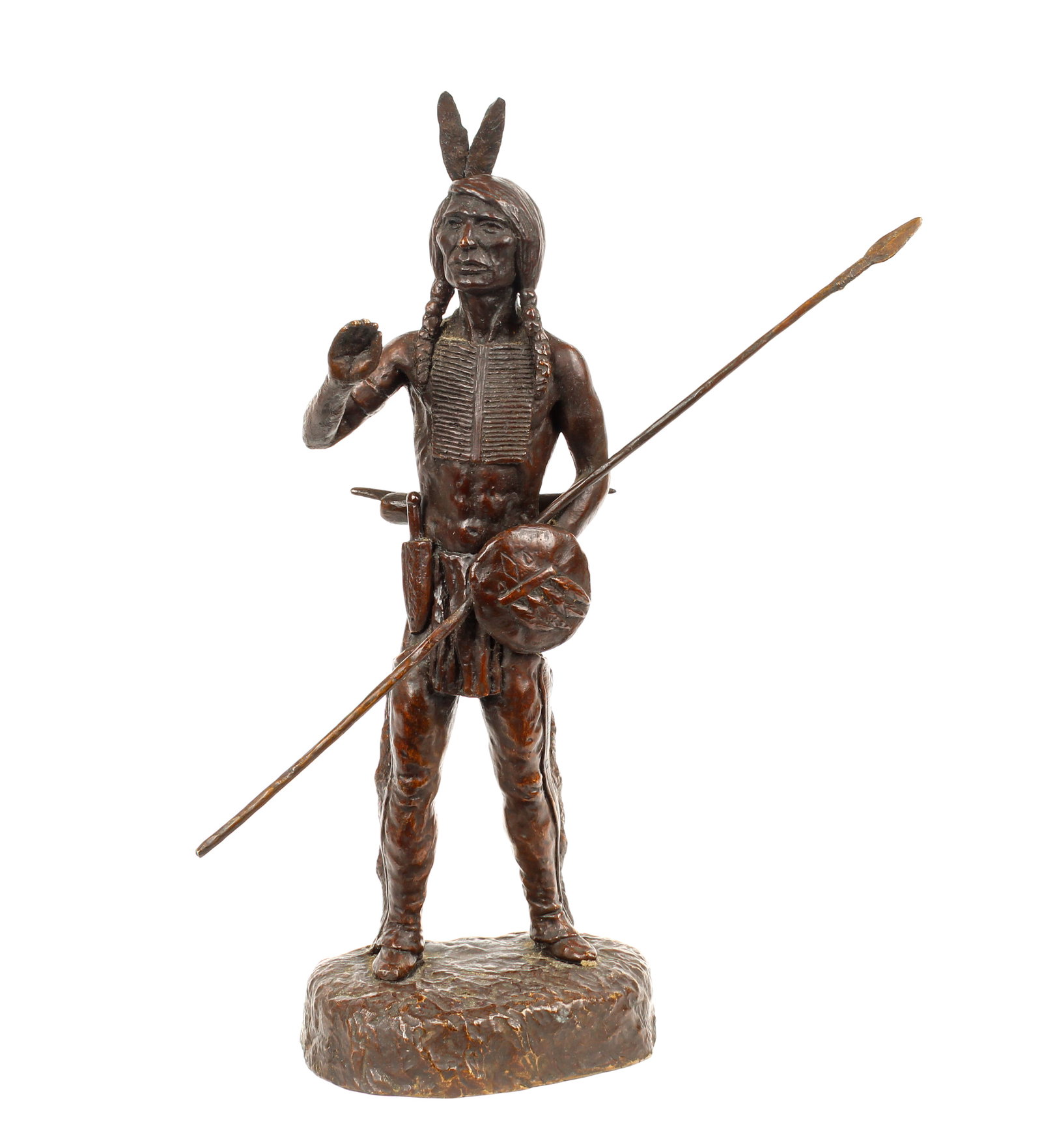 20th Century American School Bronze Sculpture of a Native American Warrior: Description: A bronze sculpture of a Native American warrior holding a spear and shield. Markings & Inscriptions: Indistinctly signed, numbered 9/20 Date: Mid to late 20th century Maker: Unknown Dimen