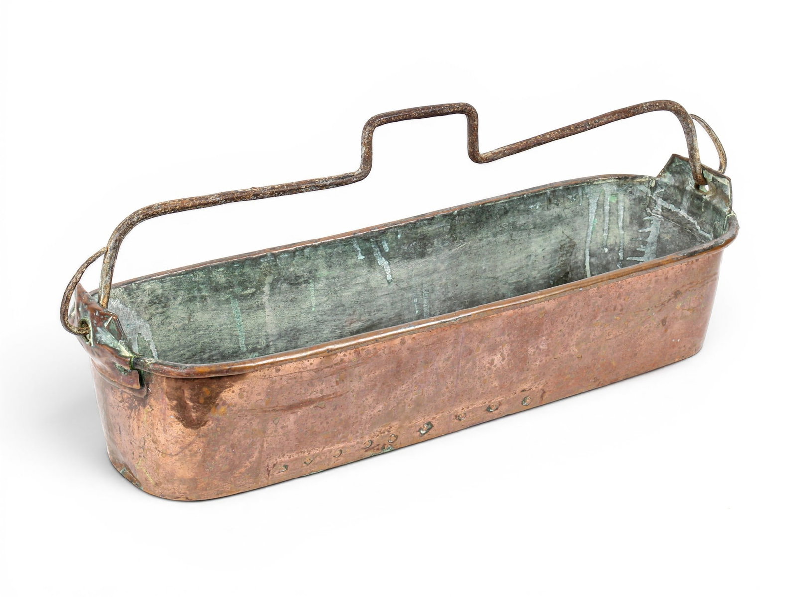 19th Century French Copper Fish Poacher: Description: A had wrought French copper fish poacher with forged iron handle Markings & Inscriptions: Unmarked Date: 19th century Maker: French Dimensions: 24.75" x 7.75" x 10". Provenance: From a Ph