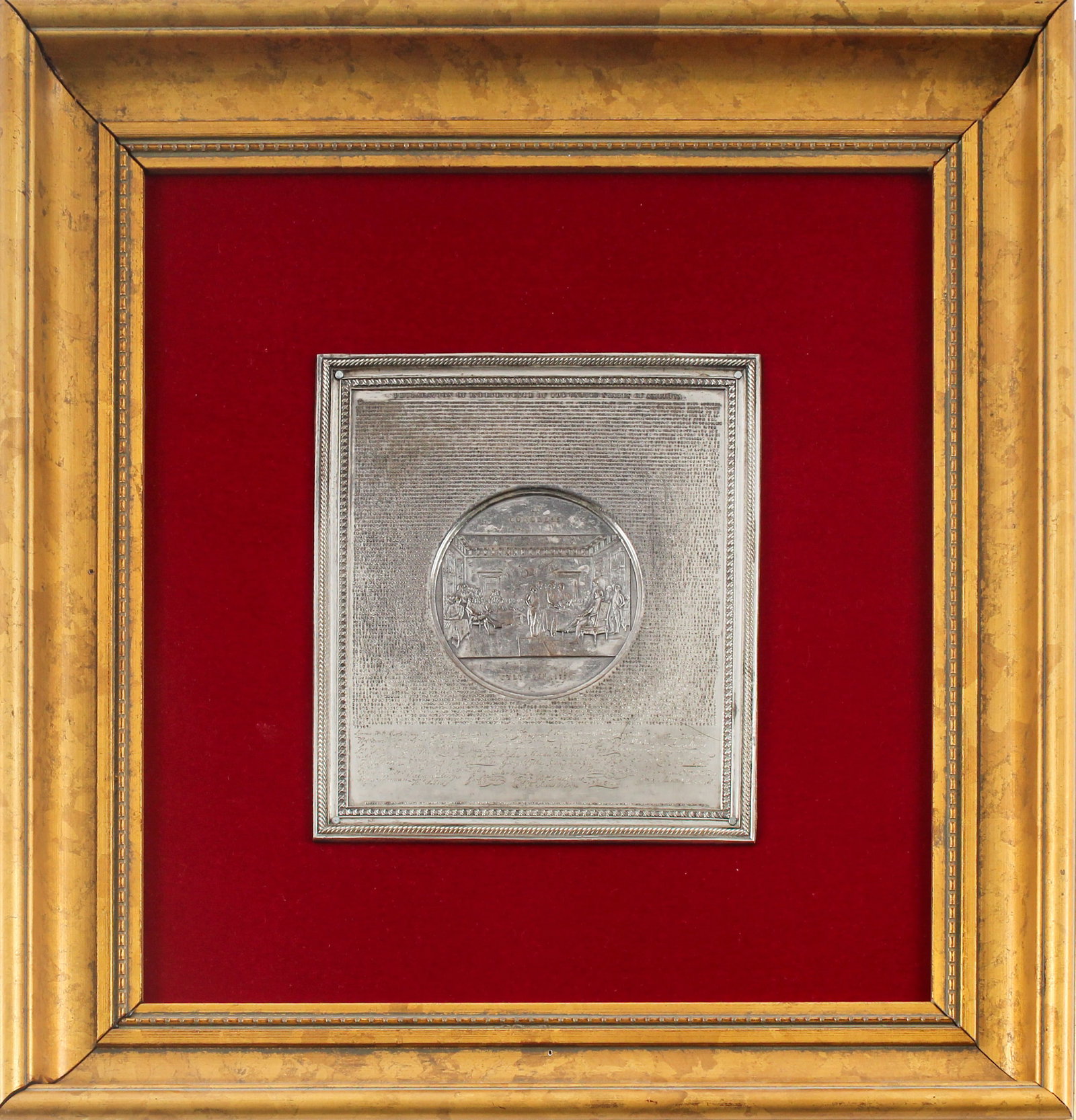 A Metal Declaration of Indepencence Plaque, After Samuel H. Black: Description: An engraved and embossed metal wall plaque with central depiction of the signing of the Declaration of Independence. Markings & Inscriptions: Unmarked Date: 20th century. Maker: After Sam