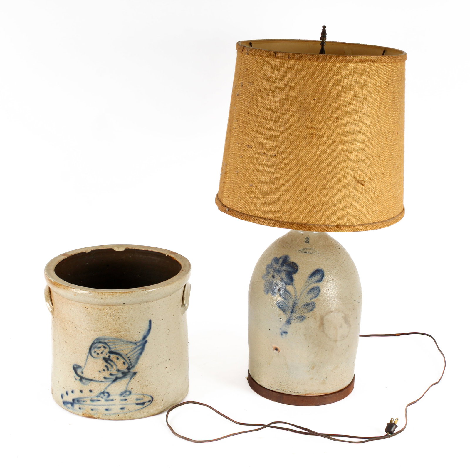 American Cobalt Decorated Stoneware Crock & Jug: Description: Two American salt glazed and cobalt decorated stoneware items, including a jug mounted as a lamp by E.W. Farrington of Elmira, New York and a three gallon New York crock decorated with a 