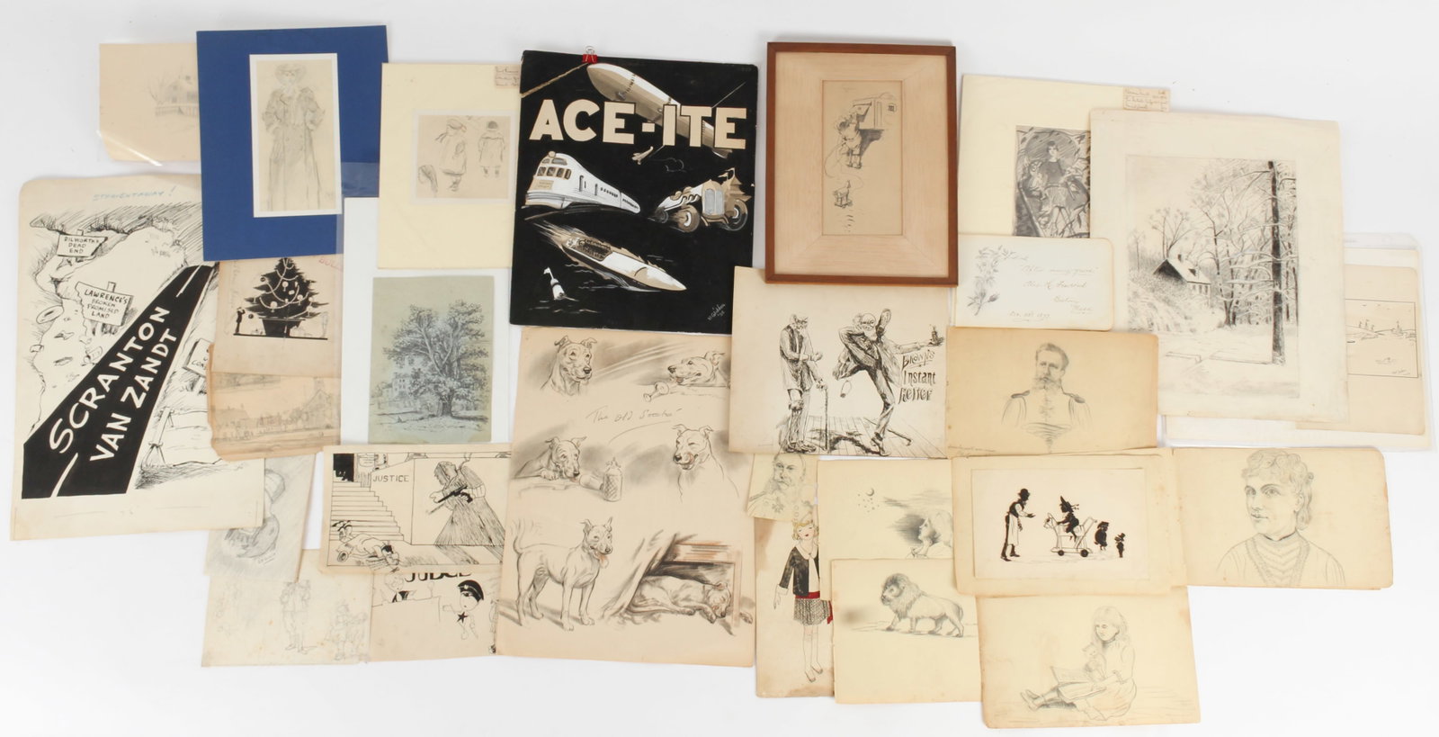 Early 20th Century Drawings, Sketches, and Illustrations: Description: A collection of assorted drawings and illustrations, most American. Included is concept art for an advertisement by Stewart-Warner Corporation that features a Zeppelin, racecar, train, an