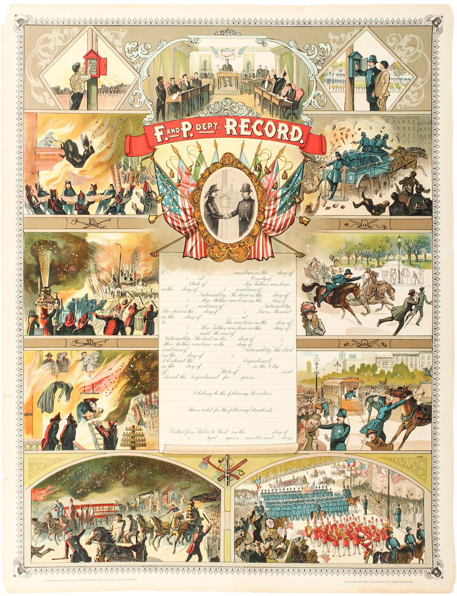 1902 Fire and Police Department Record Chromolithograph, J.M. Vickroy & Co.: Description: A color chromolithograph depicting firefighting, rescue, and law enforcement activities of turn-of -the-century fire and police departments. The docuement is intended to celebrate the ser