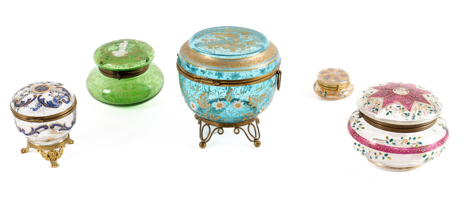 Five Bohemian Enameleld Glass Dresser Boxes (1 of 11)
