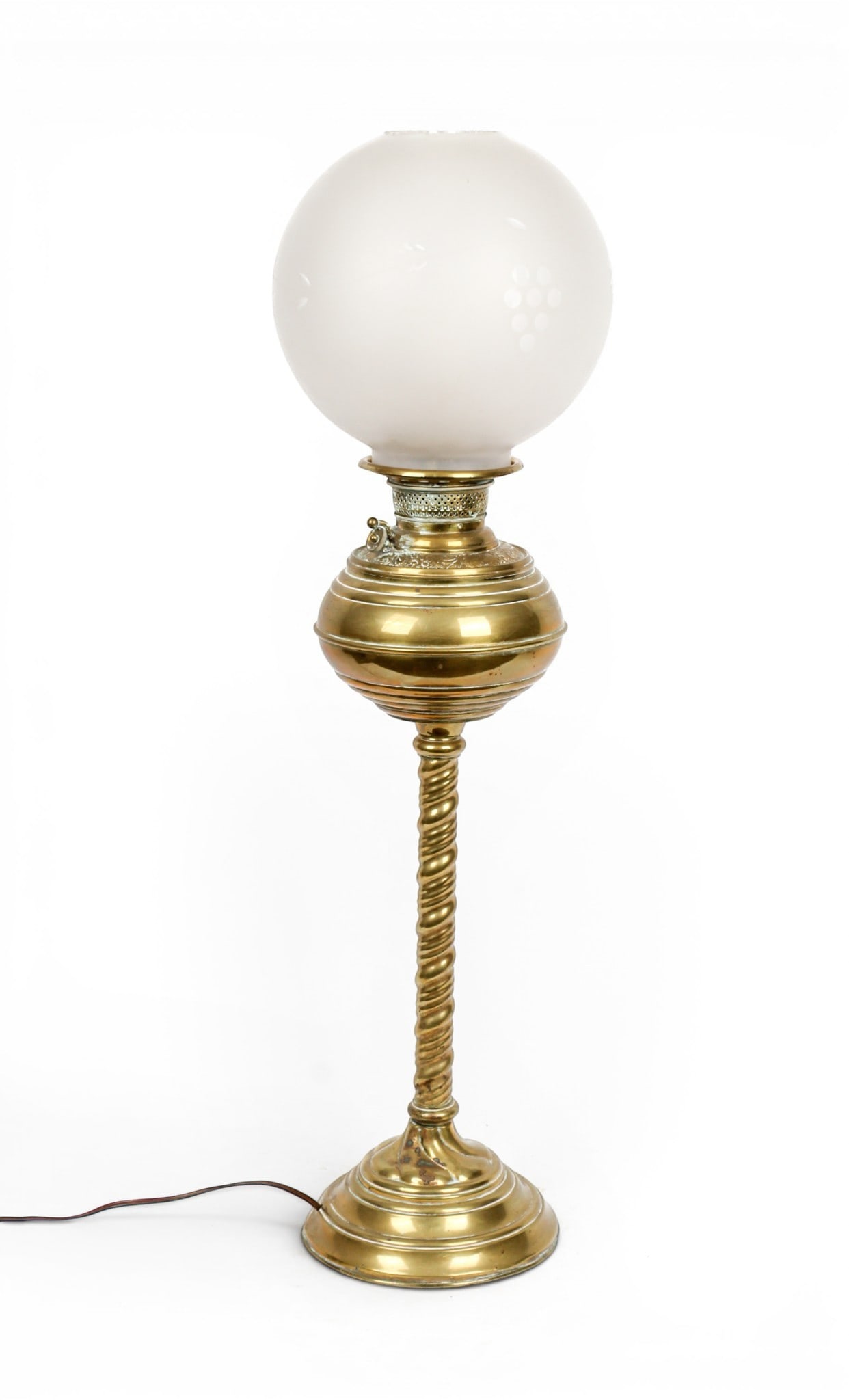 Victorian New Juno Brass Oil Lamp, Electrified: Description: A late 19th Century New Juno oil lamp with a frosted glass shade. Converted to electric. Markings & Inscriptions: Marked Date: 1890s Maker: Edward Miller & Co. Dimensions: 32" H including