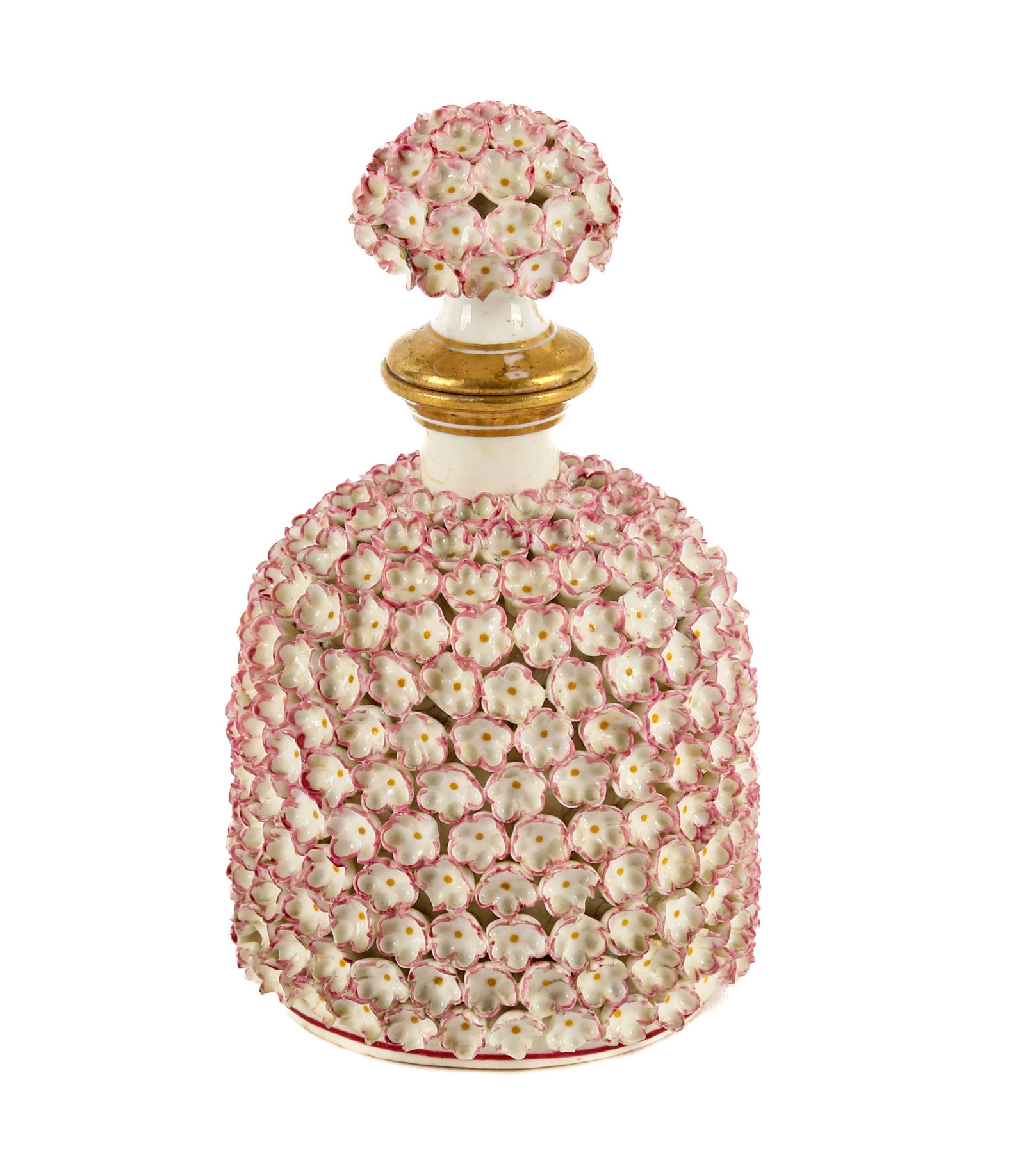 Worcester Porcelain Applied Flowers Scent Bottle: Description: A porcelain scent bottle with pink applied flowers and gilt rim to bottle and stopper. Additional Royal Worcester items from the estate of Stuart Brown will be featured in our upcoming au