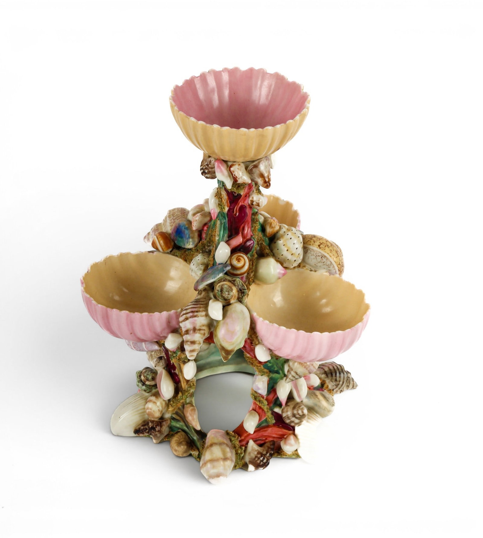 Royal Worcester Porcelain Shell-Decorated Tiered Sweetmeat: Description: A porcelain tiered sweetmeat table dressing decorated with a variety of seashells. Additional Royal Worcester items from the estate of Stuart Brown will be featured in our upcoming auctio