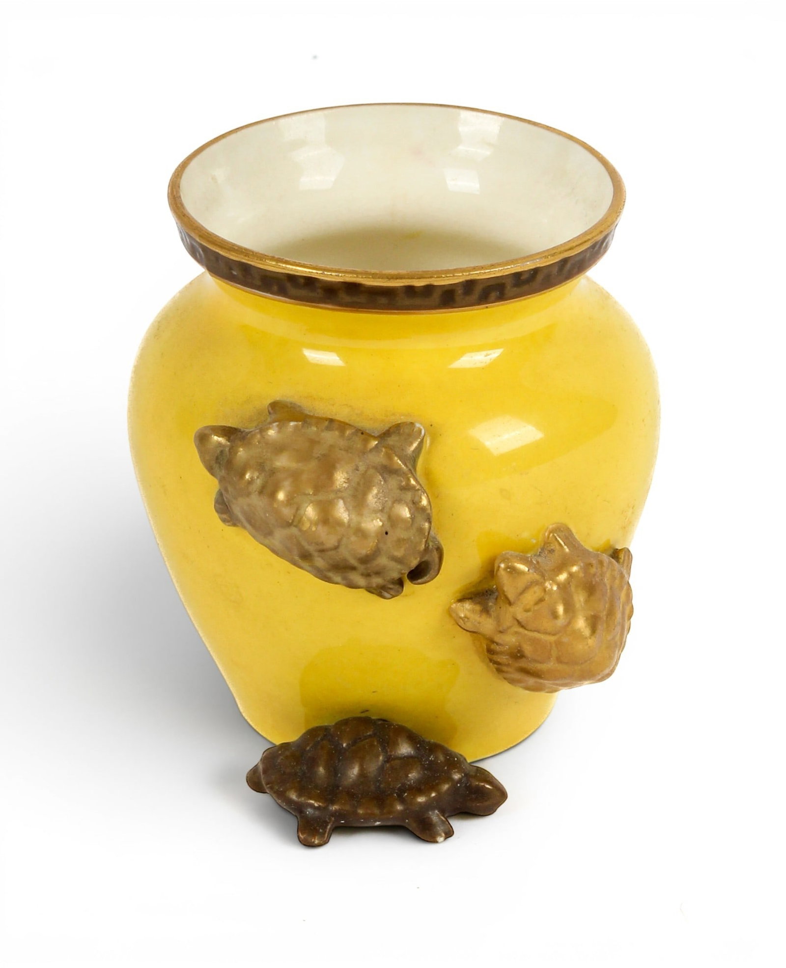 Royal Worcester Porcelain Turtle Vase: Description: A porcelain vase, the body decorated with applited gilt figures of turtles on a yellow ground, marked "Manufactured by the Worcester Royal Porcelain Co. for Richard Briggs Boston." Additi