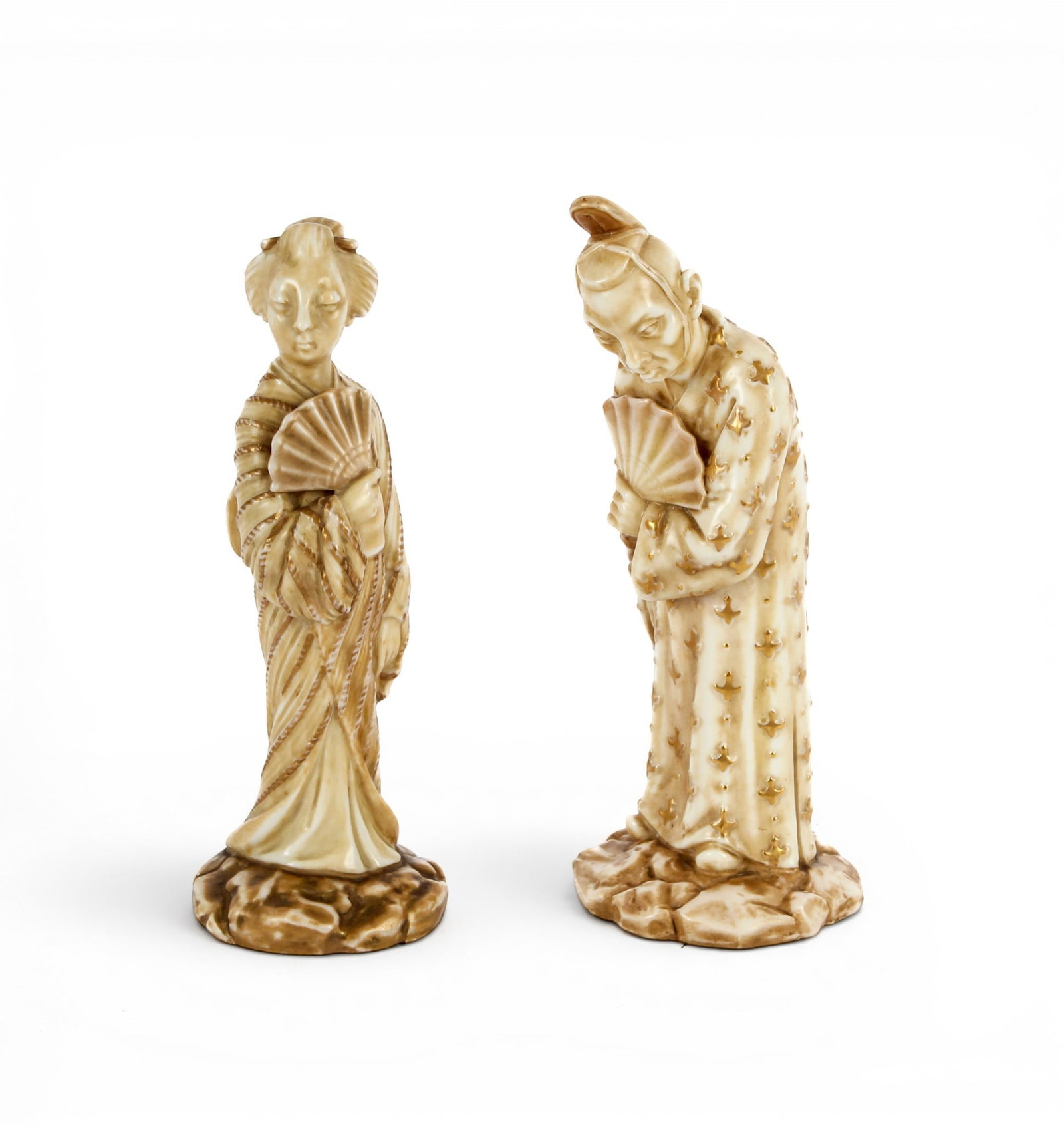Two Royal Worcester Porcelain Oriental Figures: Description: Two porcelain oriental figurines in ivory tones with gilt highlights. Additional Royal Worcester items from the estate of Stuart Brown will be featured in our upcoming auctions. Please fo