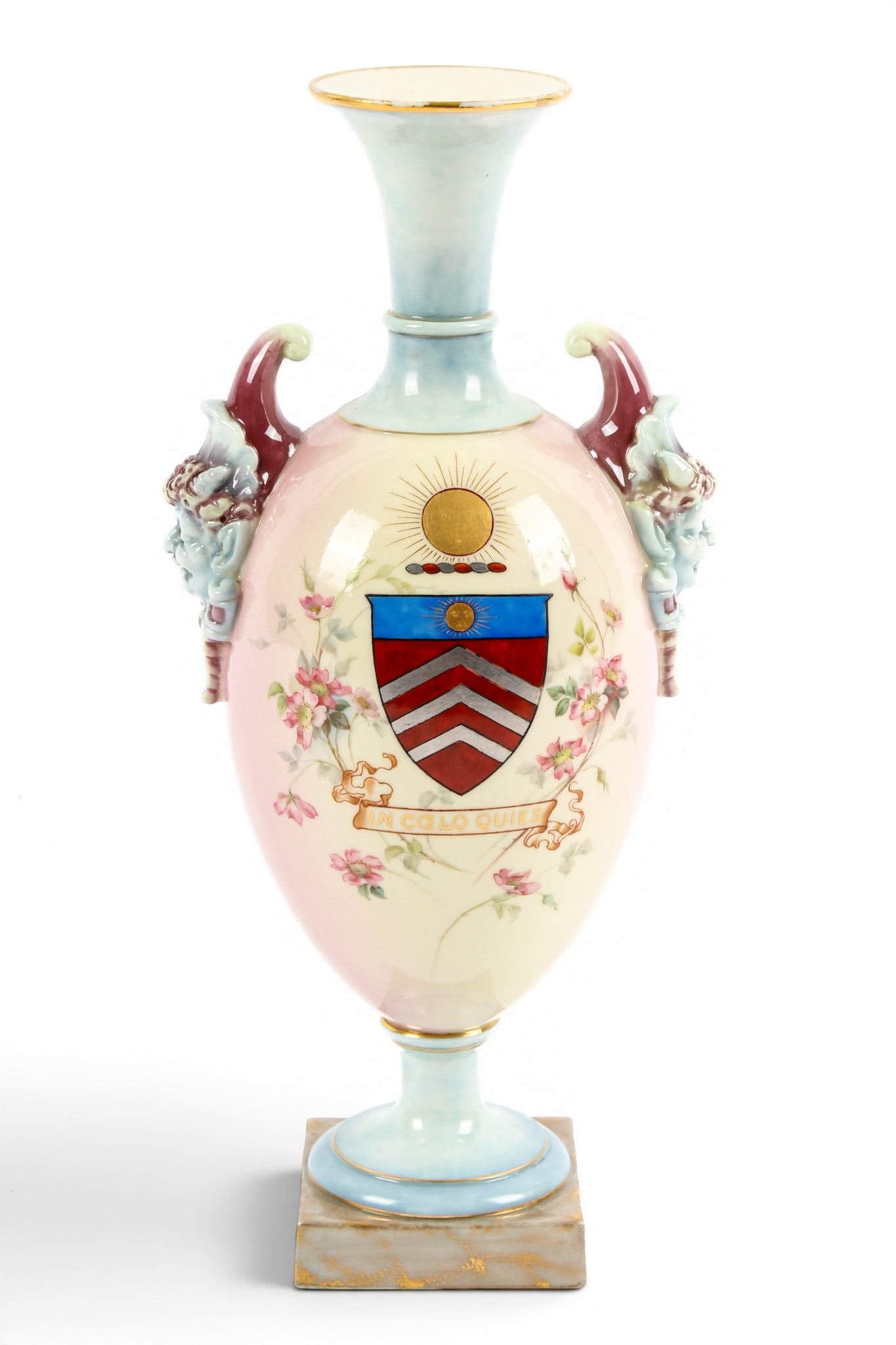 Royal Worcester Armorial Porcelain Footed Vase: Description: A Royal Worcester porcelain armorial footed vase, bearing a crest with the motto "In Coelo Quies," or, "In Heaven There is Rest.". Shape 1716. Additional Royal Worcester items from the es