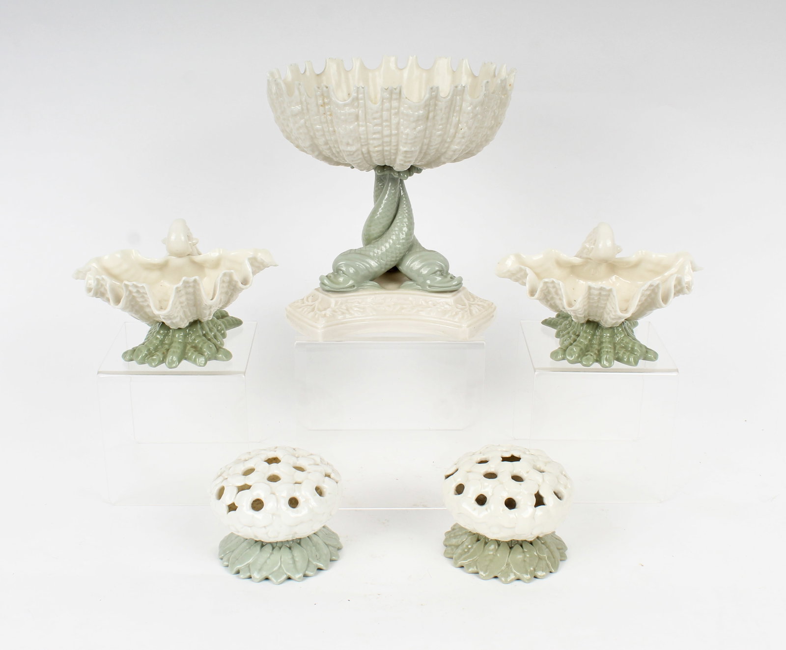 Royal Worcester Porcelain Cream and Sage Shell-Form Dishes and Dolphin Footed Compote (1 of 4)