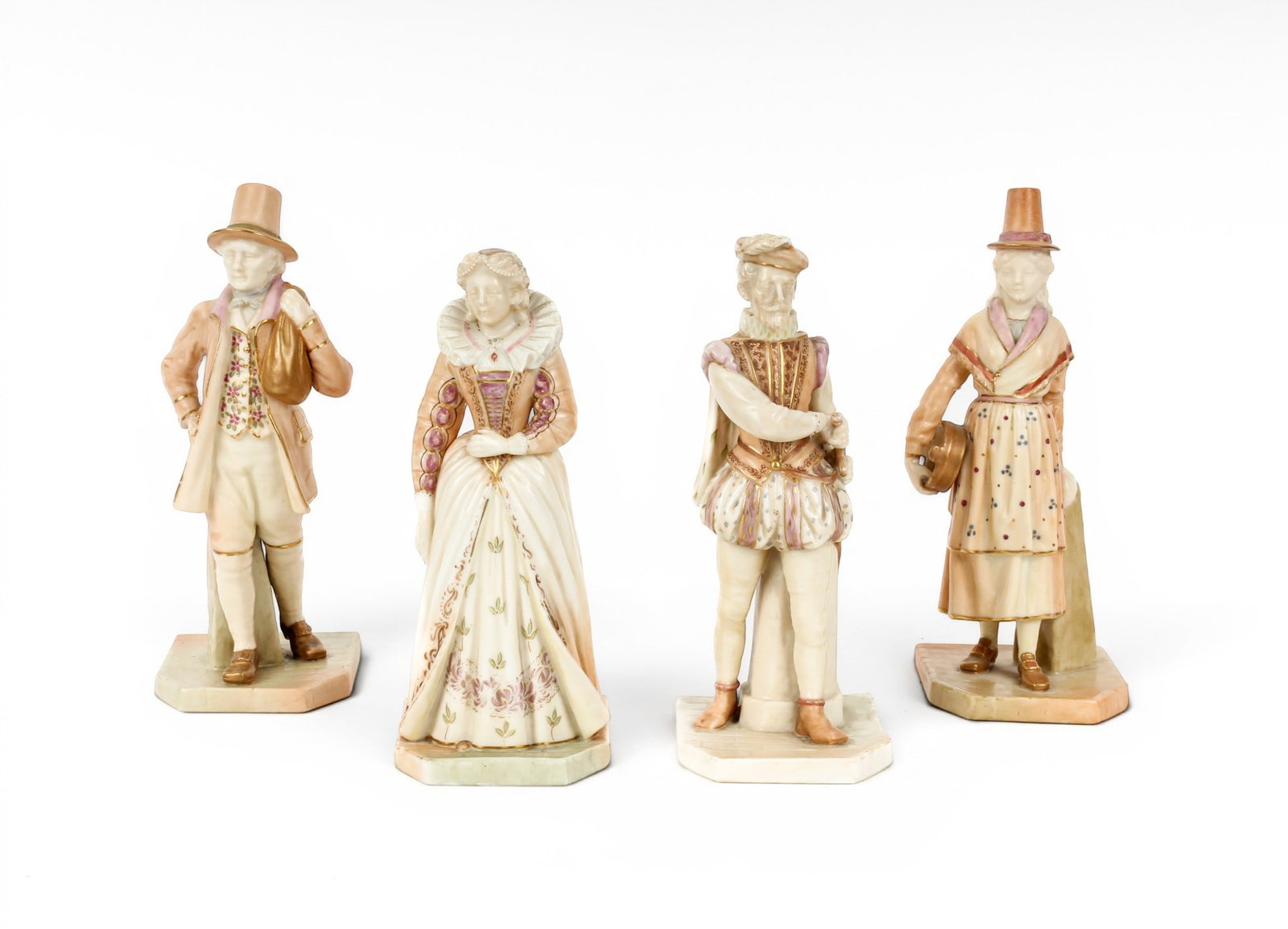 Two Pairs of Royal Worcester Porcelain Male and Female Figurines, James Hadley: Description: Two pairs of Royal Wocester porcelain male and female figurines. Both in Blush Ivory coloring. One couple dressed in Elizabethan era clothing and the other in Colonial attire. Additional 