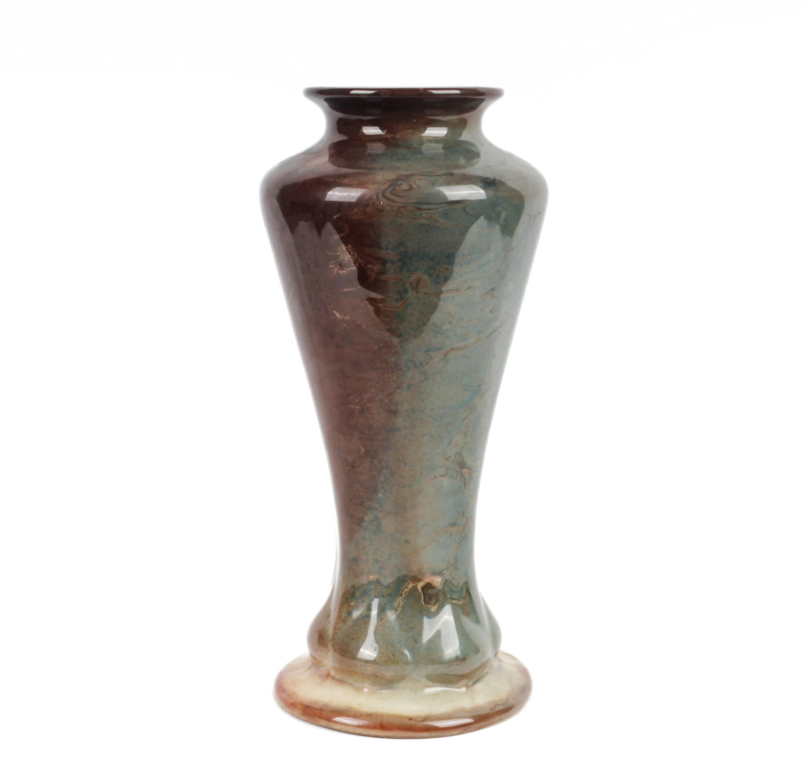 Royal Worcester Sabrina Ware Vase: Description: A large footed Sabrina Ware vase in an iridiscent oxblood and tuquoise coloration. Additional Royal Worcester items from the estate of Stuart Brown will be featured in our upcoming auctio